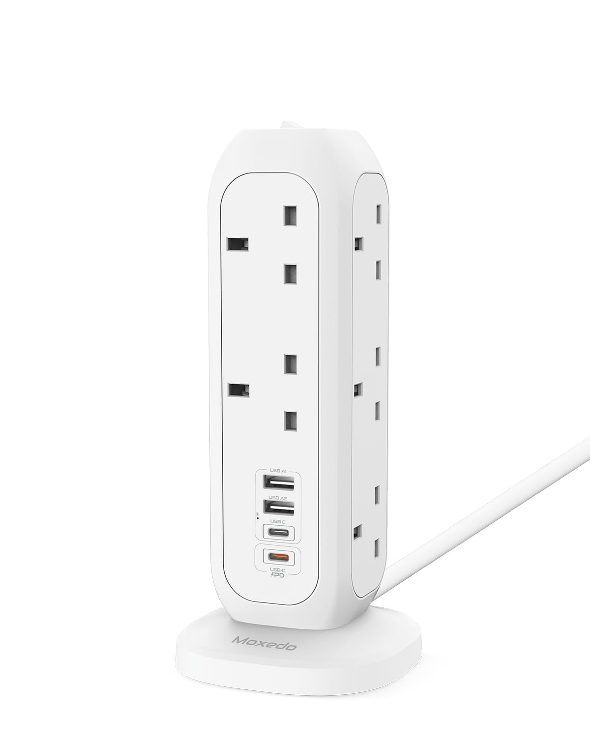 Moxedo Smart-Hub Tower Power Strip Surge Protector 15 in 1 Electric Outlet Power Extension, 11 AC Sockets + 2 USB-C + 2 USB-A Ports 20W PD 3.0 3250W with 2 Meters Cable Length - White