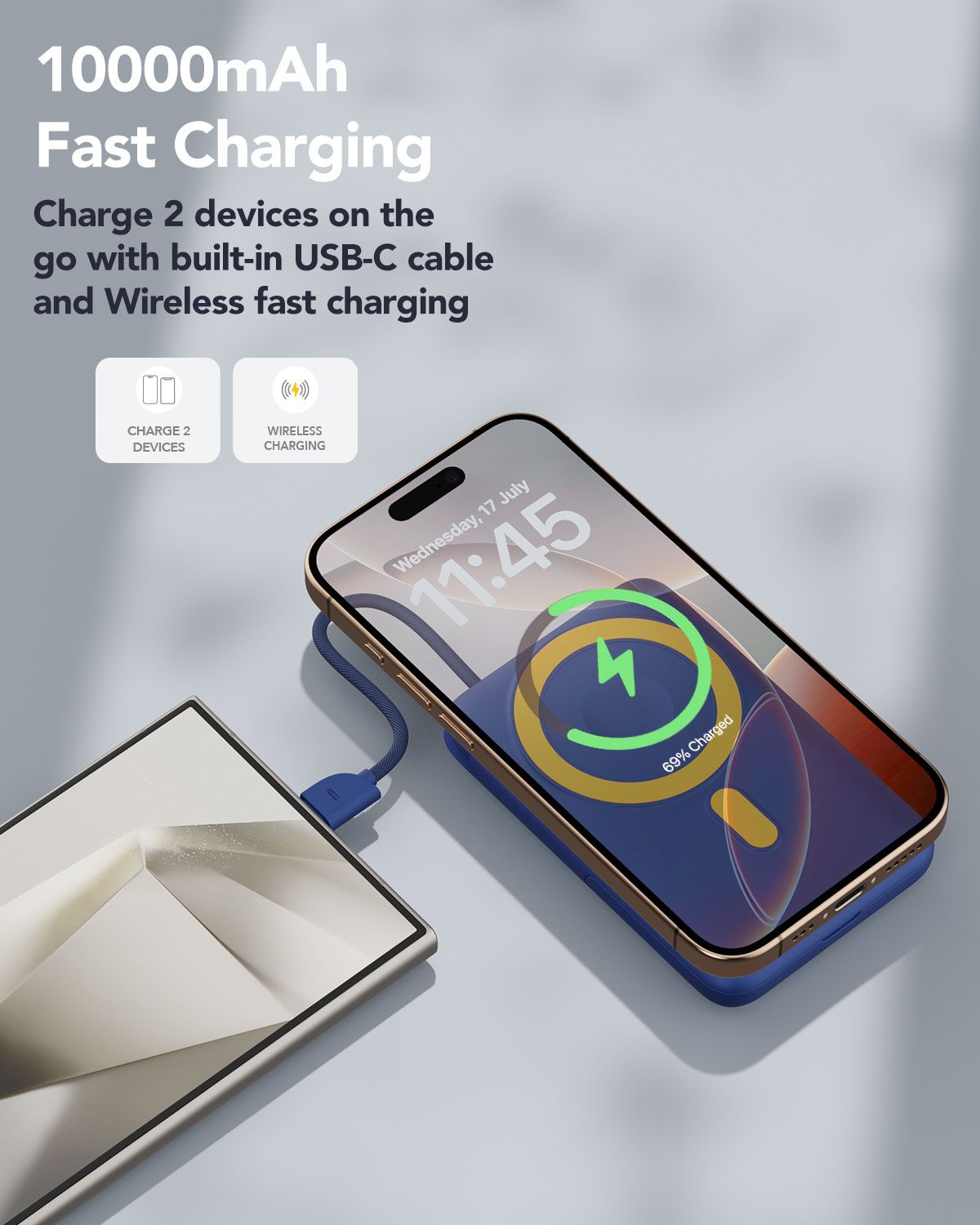 Remson Revo Charge+ 10000mAh Magnetic Wireless Power Bank 22.5W PD Fast Charging Built-In USB-C Cable & Stand For iPhone 12 to 16 Android Smartwatch