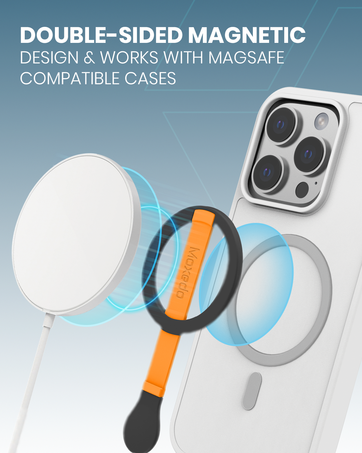 Moxedo Snap-On Magnetic Phone Grip Soft Silicone Grip Adjustable Strap with Double Sided Magnetic Design Compatible for iPhone 16 15 Pro Max Plus 14 13 12 and All Phones- Orange