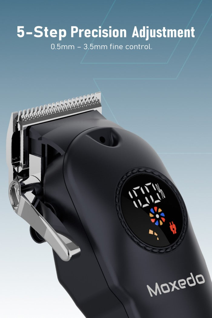 Moxedo Orvex Rechargeable Cordless Electric Hair Trimmer T-Blade Head 5 Level Adjustment 10 Guide Combs 15-25mm LCD Display with Grooming Kit