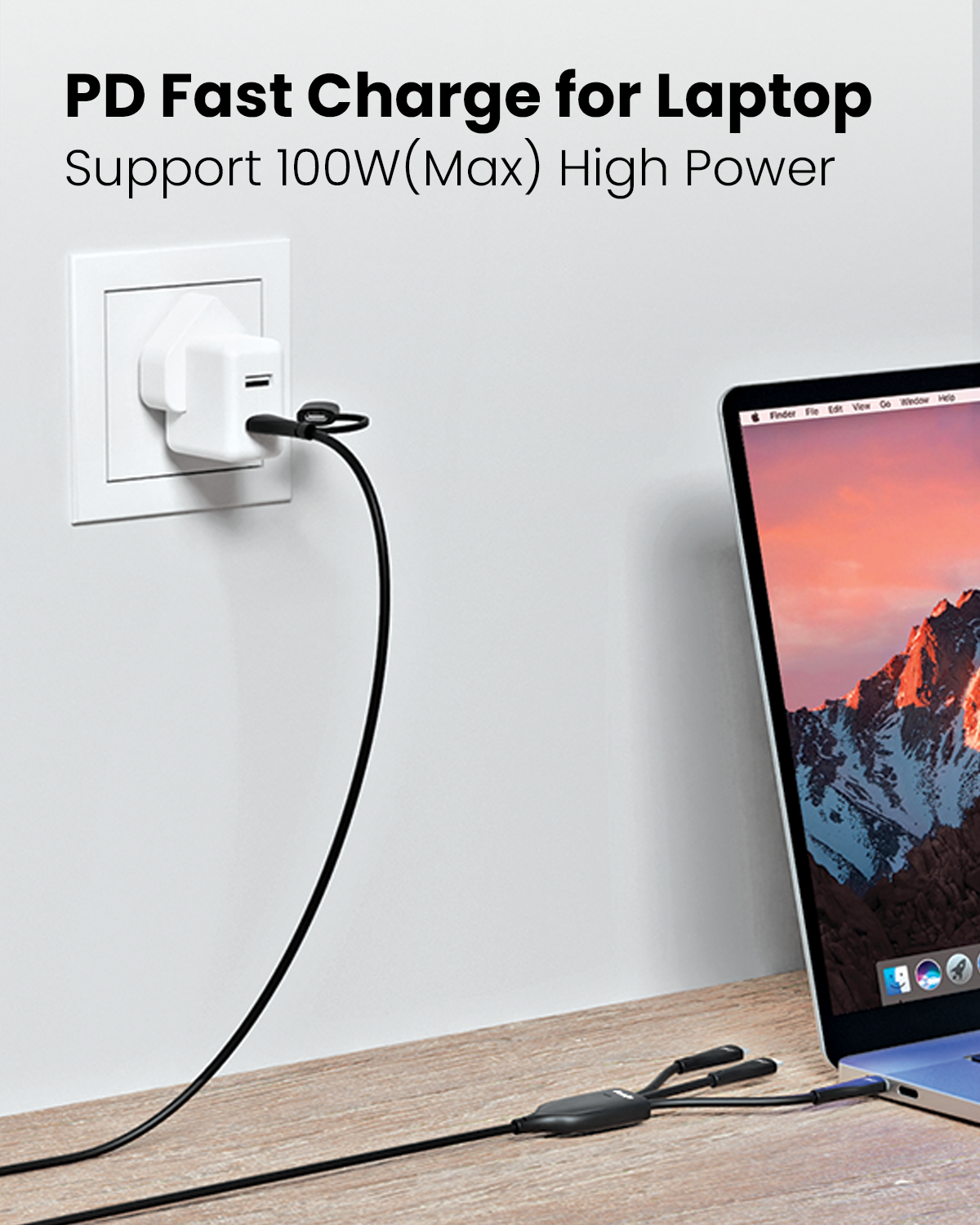 كابل شحن Moxedo 3 في 2 قابل للتبديل من USB-A/USB-C إلى 2x USB-C/Lightning PD للشحن السريع 100 وات بطول 1.2 متر (أسود) 