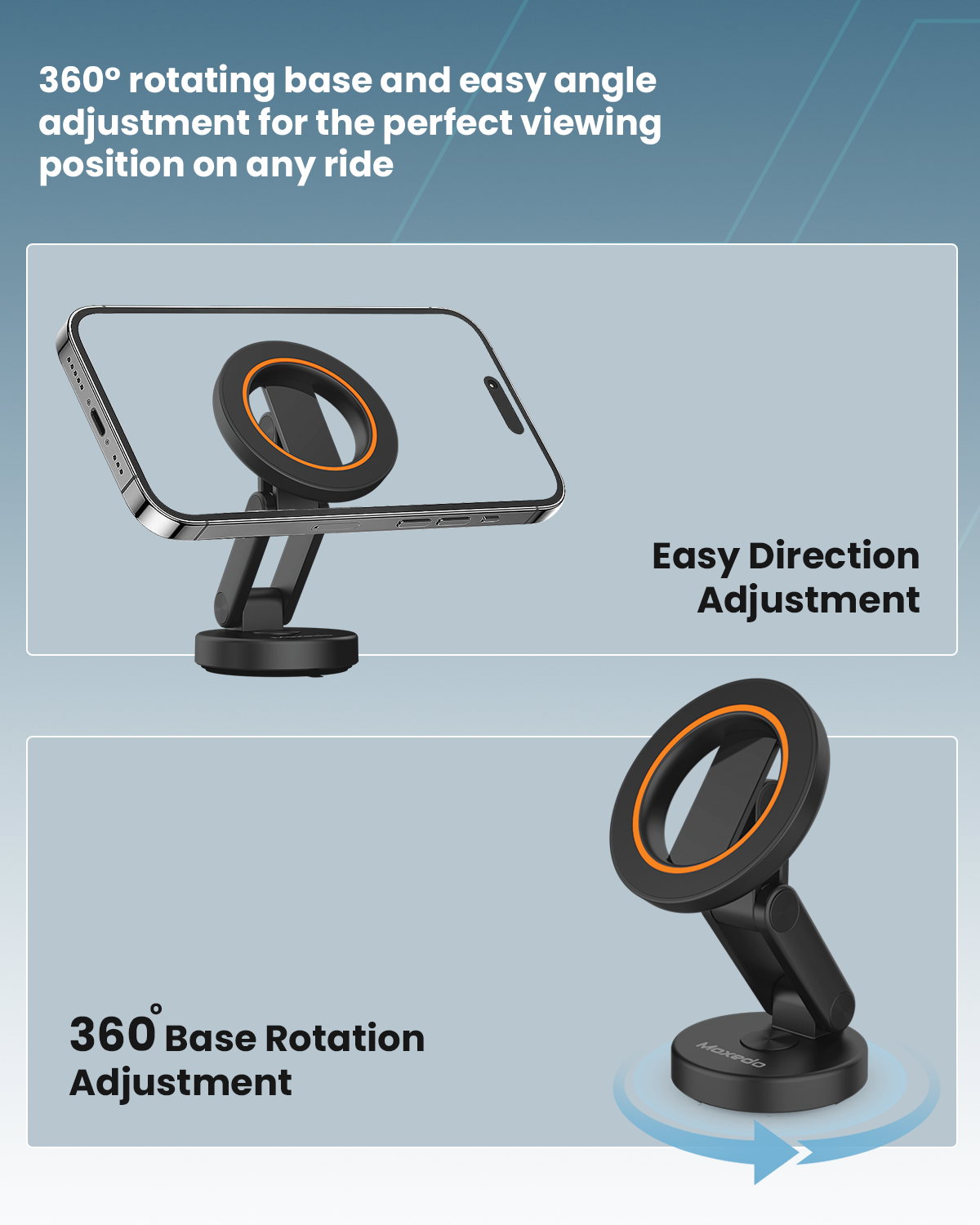 Moxedo Snap-On Magnetic Car Phone Holder Dashboard Mount for iPhone 16/15/14/13/12, Android with Extra Metal Ring MagSafe Compatible, 360° Rotating Base, Foldable Design with N52 Magnets