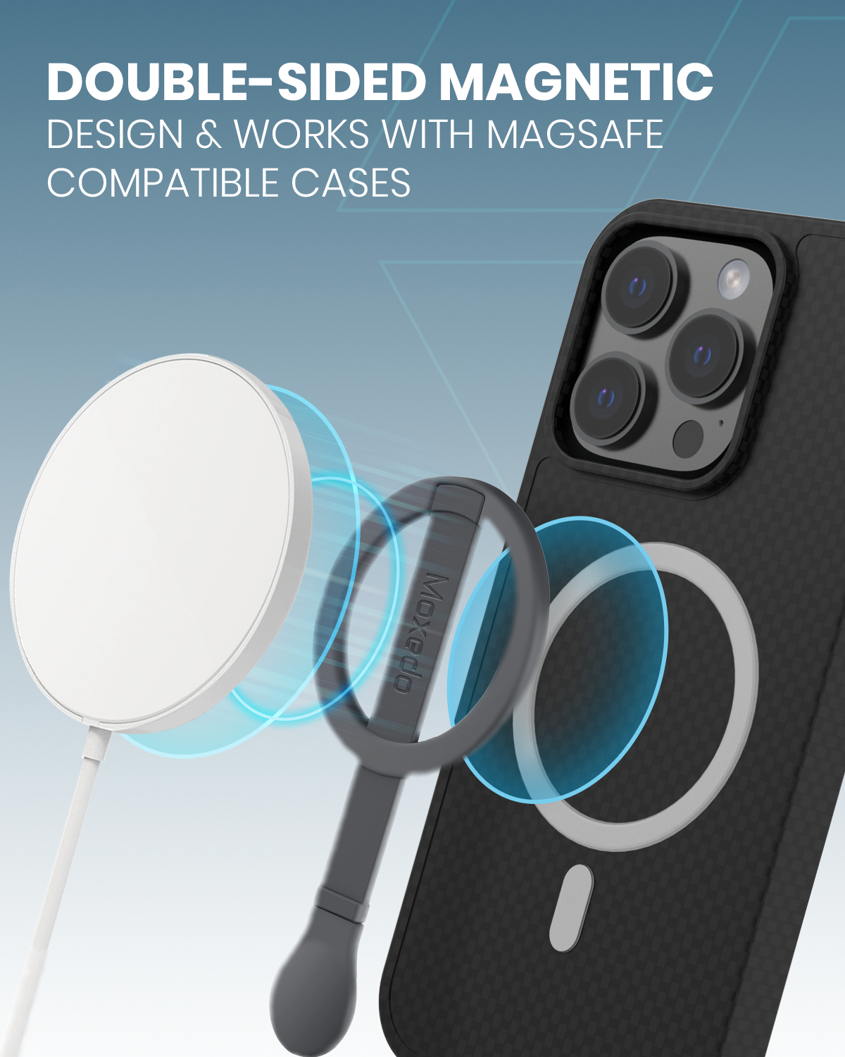 Moxedo Snap-On Magnetic Phone Grip Soft Silicone Grip Adjustable Strap with Double Sided Magnetic Design Compatible for iPhone 16 15 Pro Max Plus 14 13 12 and All Phones - TITANIUM Gray