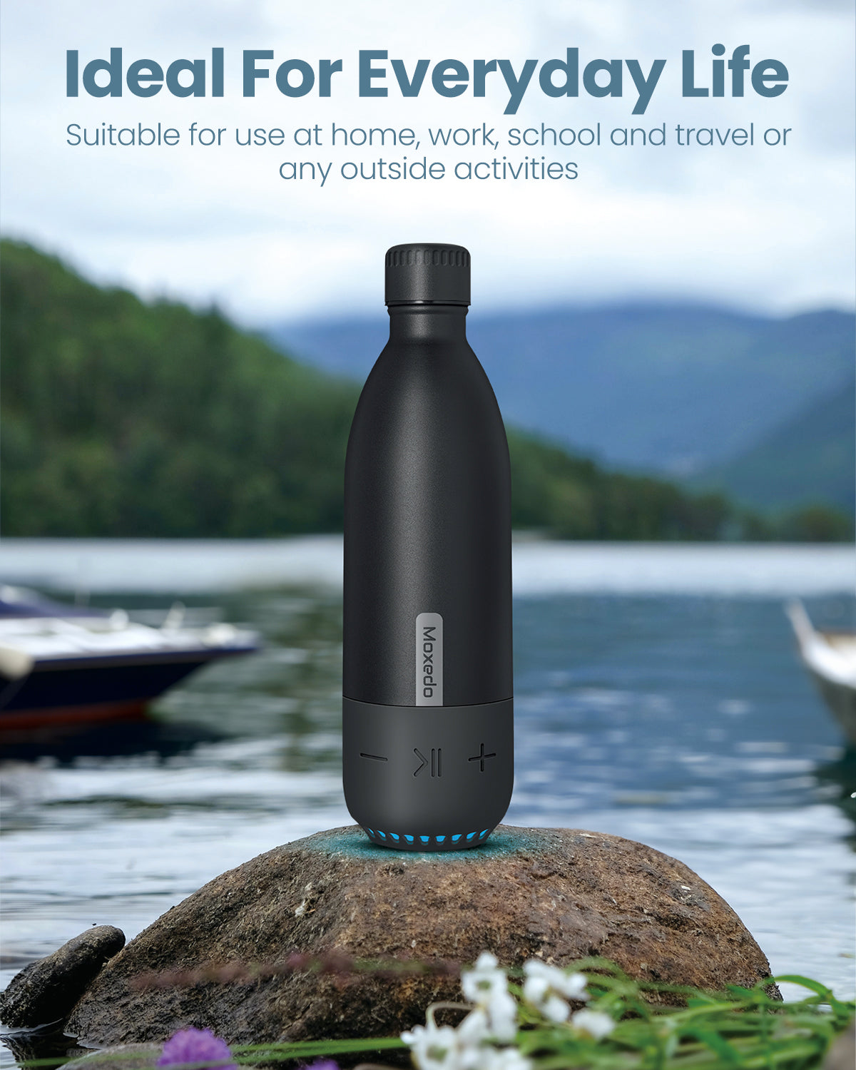 Moxedo Vacuum Flask with Built-in Wireless Speaker and LED Light Double Wall Vacuum Insulated Hot and Cold (Black)