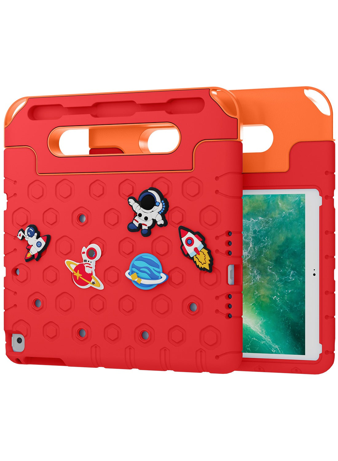 Moxedo Rugged Protective EVA Silicone Kids Case Cover, Shockproof DIY 3D Cartoon Pattern with Pencil Holder, Stand and Handle Grip for Apple iPad 9.7 inch - Red