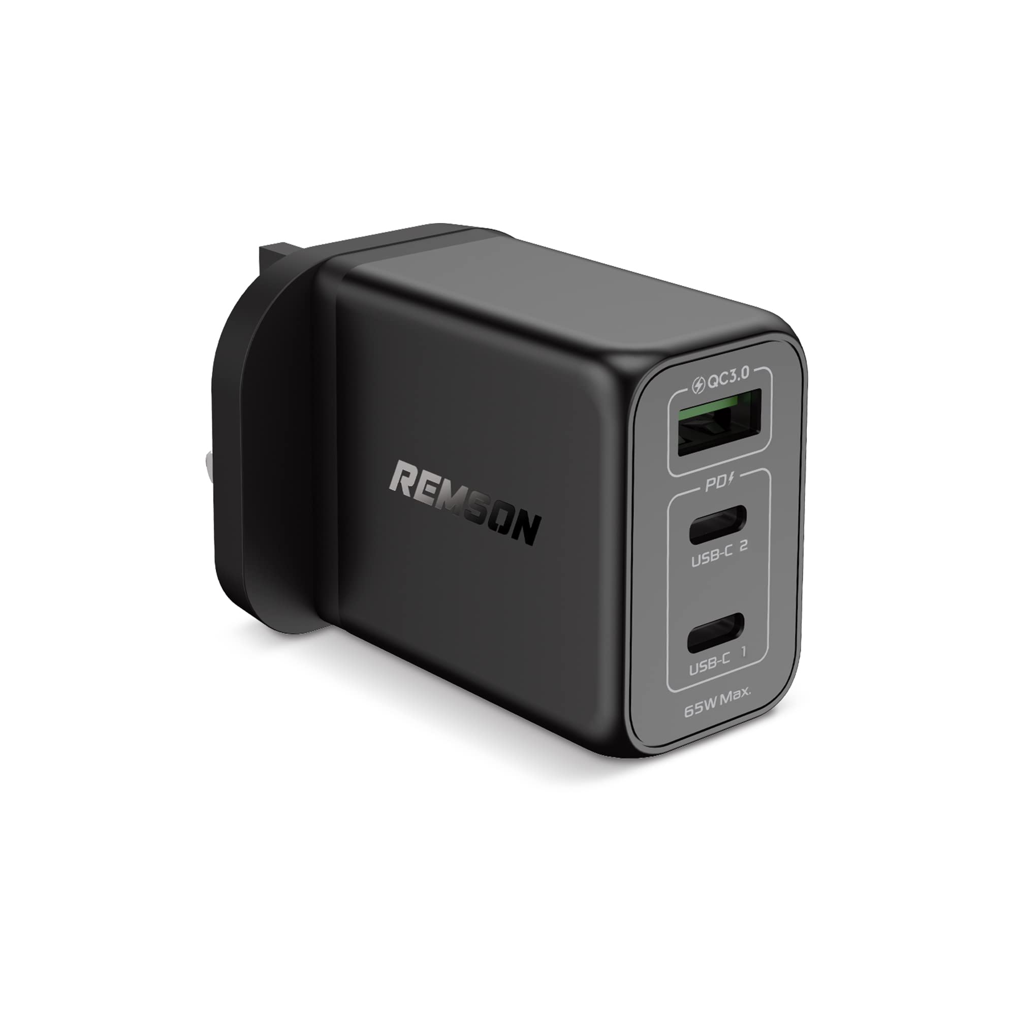 Remson 65W 3-Ports GaN Charger USB-C Power Adapter Wall Charger USB-A Port - Black