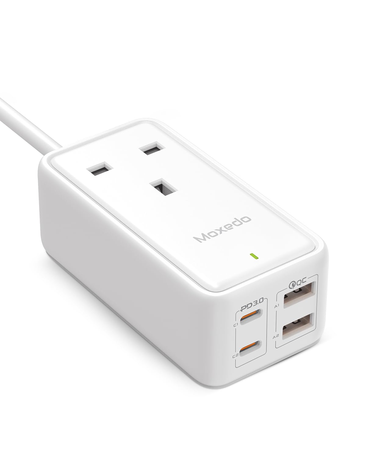 Moxedo Smart-Plug 65W GaN III Tech Extension Cord 5 in 1 Power Delivery 3.0, 1 AC Outlet + 2 USB-A + 2 USB-C Ports with 2 Meters Cable Length - White