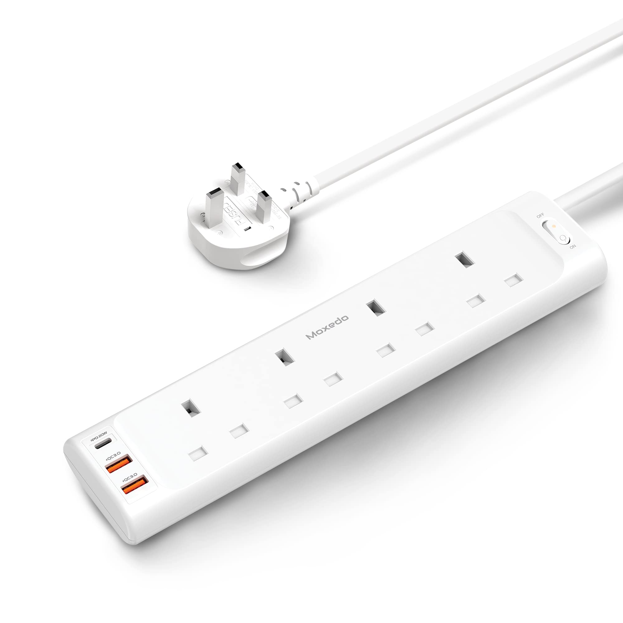 Moxedo 20W Power Strip Surge Protector 7 Way 1 USB-C PD Ports + 2 USB-A Ports + 4 AC Outlets with 2M Cable Length - White