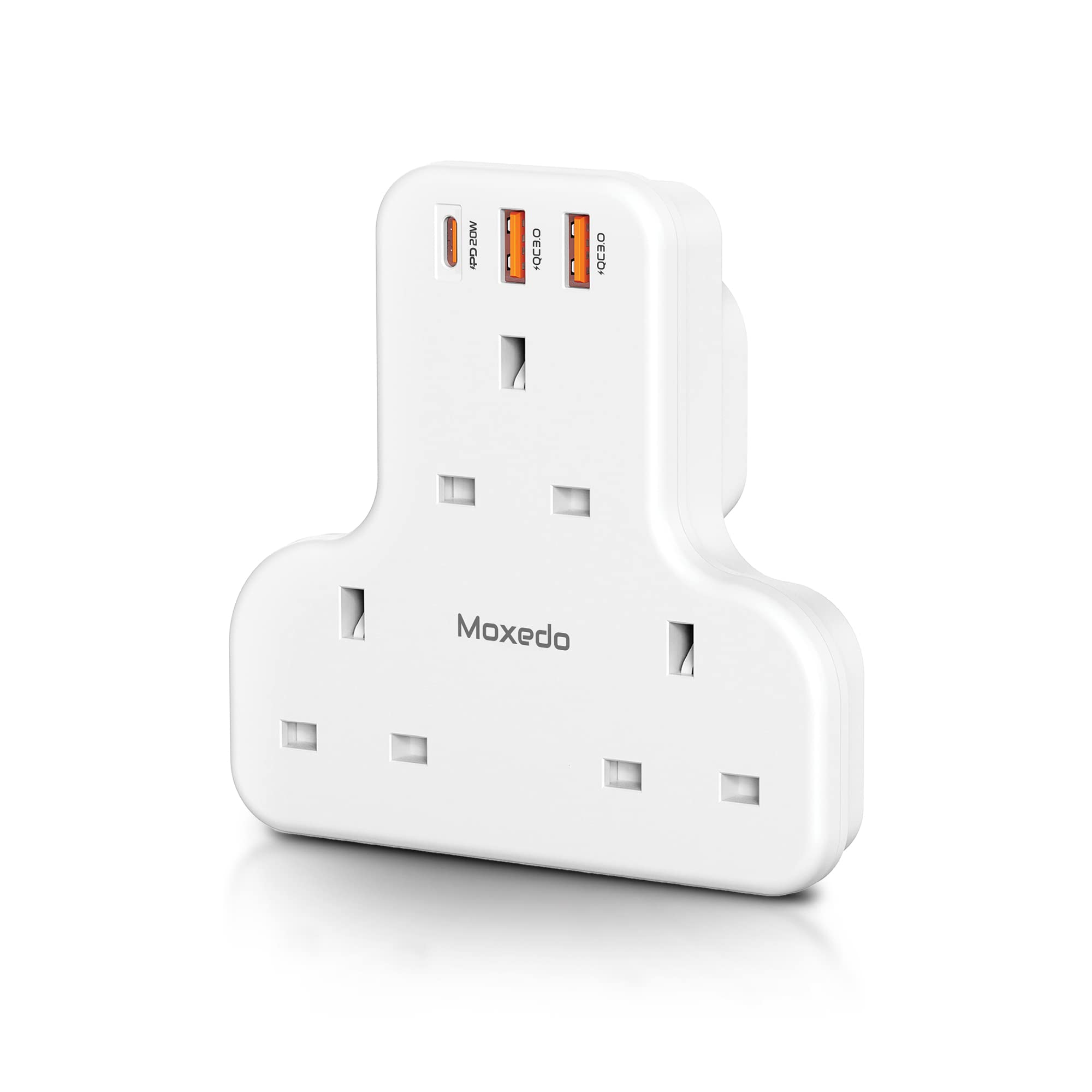 Moxedo 6 in 1 UK-Plug Power Extension Adapter with 2 USB-A Ports and 20W USB TYPE-C PD 3.0, 3 Way Electrical Extender Outlet