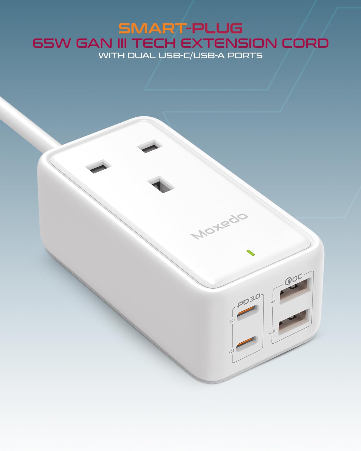 Moxedo Smart-Plug 65W GaN III Tech Extension Cord 5 in 1 Power Delivery 3.0, 1 AC Outlet + 2 USB-A + 2 USB-C Ports with 2 Meters Cable Length - White