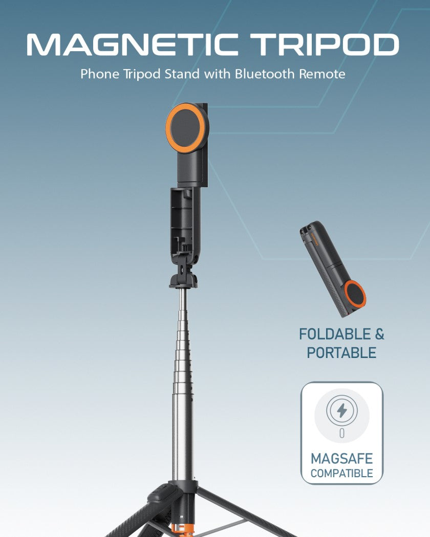 Moxedo Stablix Magnetic Phone Tripod Stand with Built-in Remote Shutter 100cm Extendable Pole 360° Double Axes Rotatable and Foldable Compatible with iPhone and Android