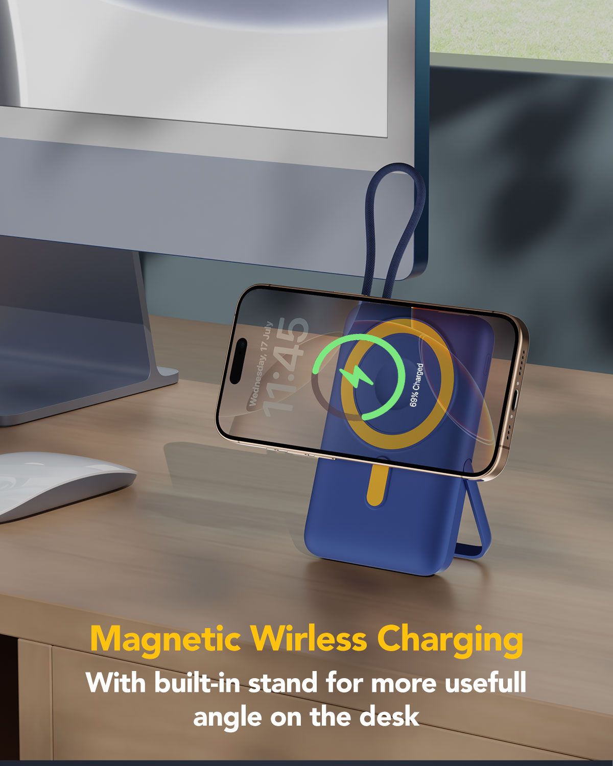 Remson Revo Charge+ 10000mAh Magnetic Wireless Power Bank 22.5W PD Fast Charging Built-In USB-C Cable & Stand For iPhone 12 to 16 Android Smartwatch