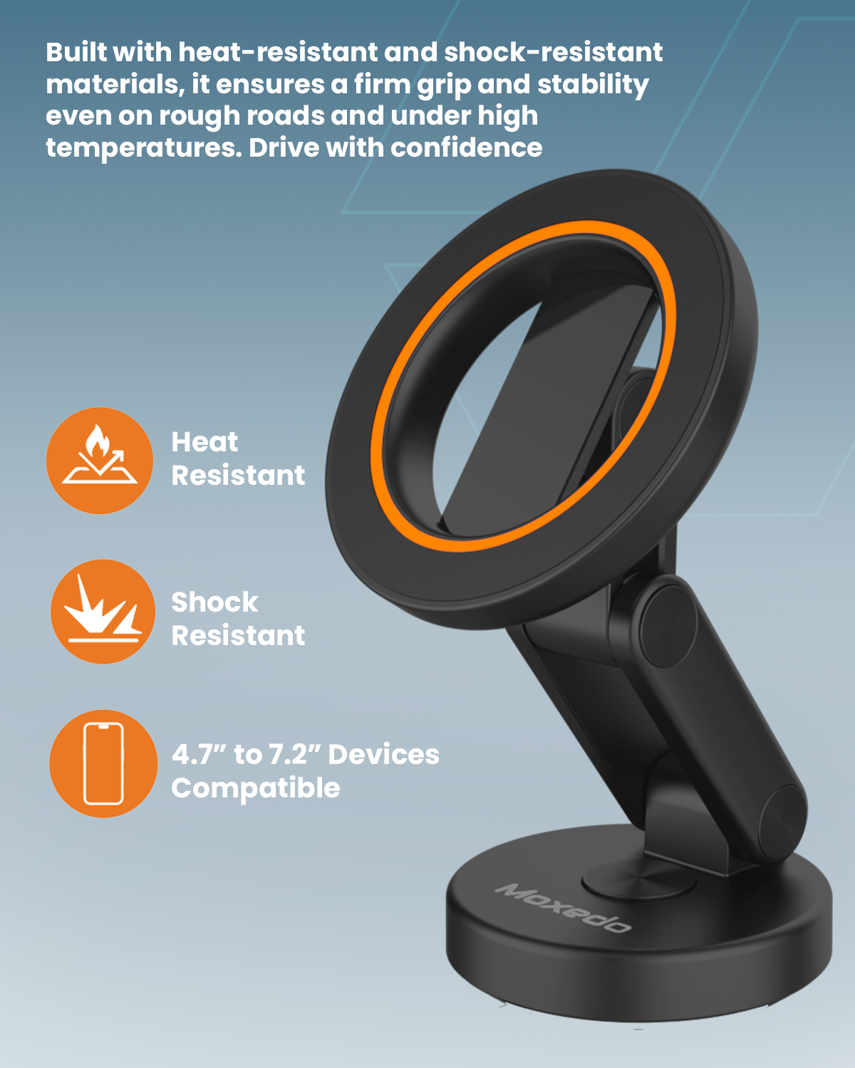 Moxedo Snap-On Magnetic Car Phone Holder Dashboard Mount for iPhone 16/15/14/13/12, Android with Extra Metal Ring MagSafe Compatible, 360° Rotating Base, Foldable Design with N52 Magnets
