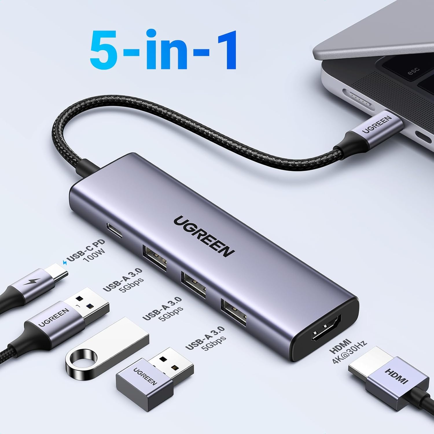 موزع متعدد الوظائف من Ugreen 5 في 1 USB-C - HDMI 1.4 / 3 x USB-A / USB-C PD 100W CM511 - رمادي 