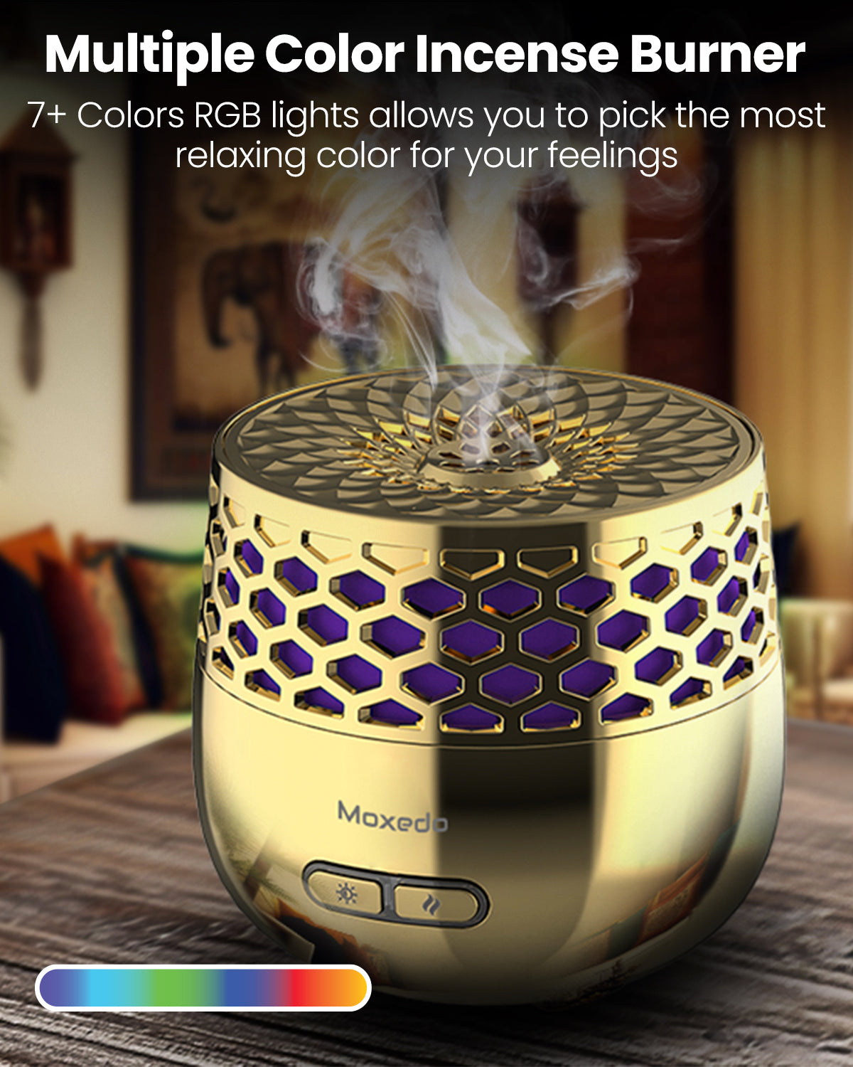 Moxedo Electric Incense Burner Portable Aroma Diffuser with 7 Colors LED Lights - Gold