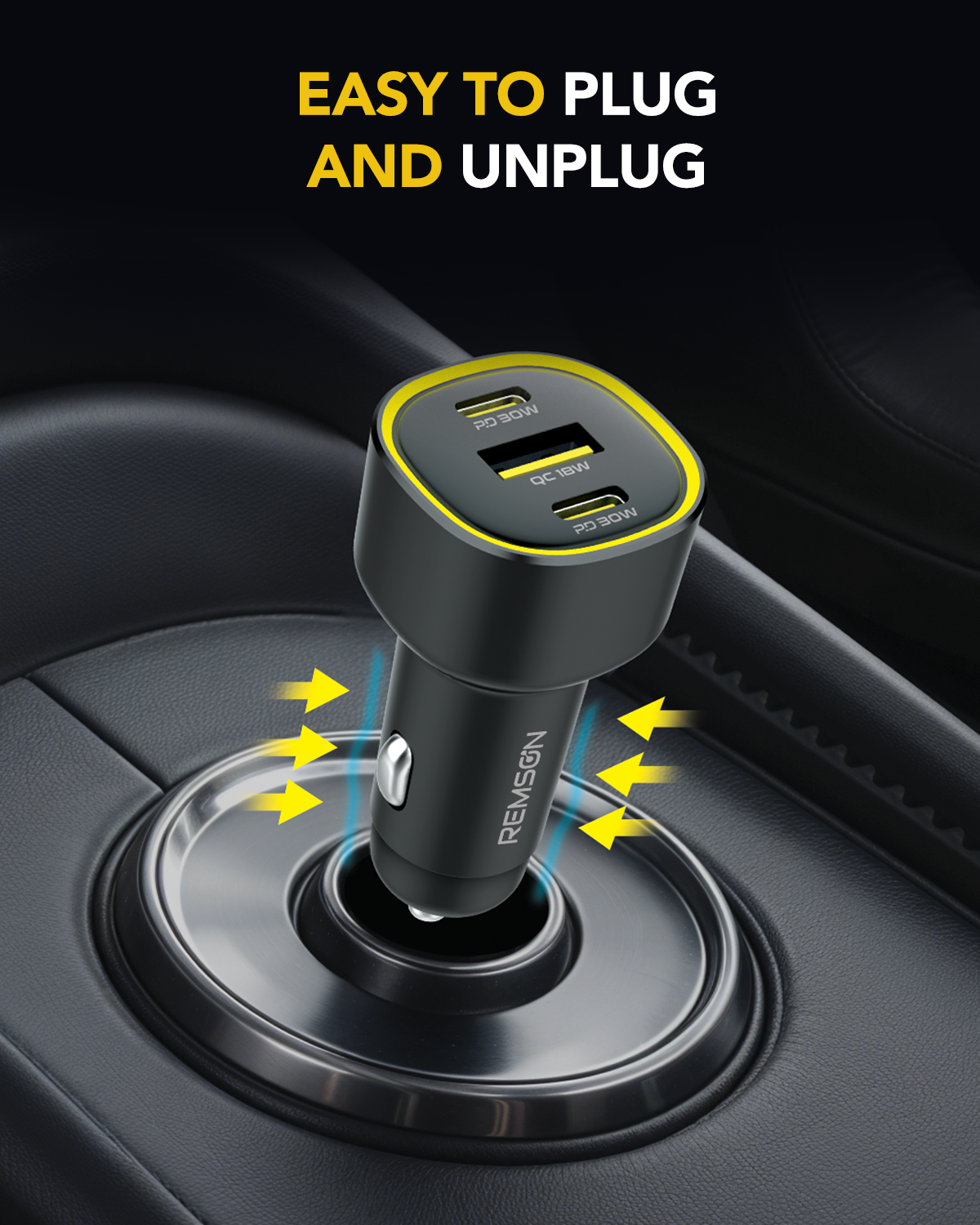 Remson Neo Power Car Charger 60W Power Delivery 2 PD USB-C / 1 QC USB-A Compatible with iPhone 16 Pro Max , MacBook Pro/Air, Samsung S24 Ultra, Steam Deck , etc