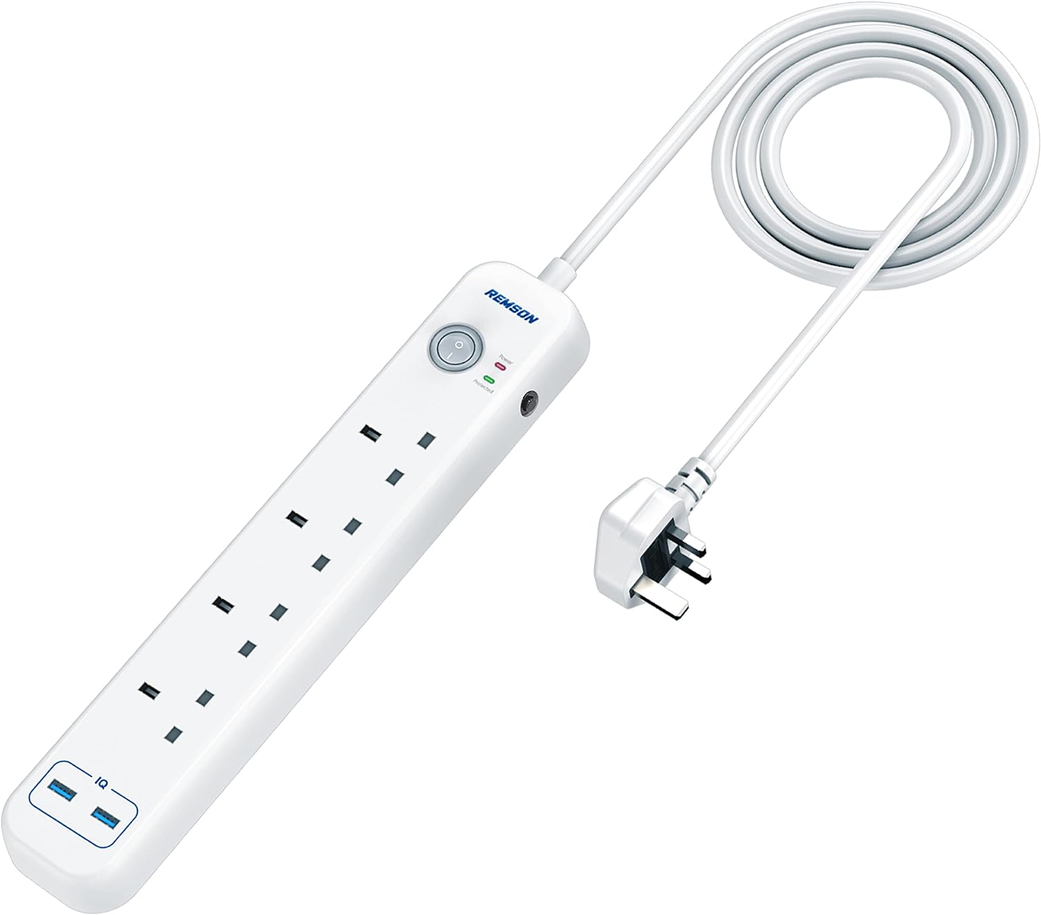 Remson Essential 6 Way 2 USB Ports + 4 AC Outlets Fast Charging Surge Protection 13A Power Strip - White