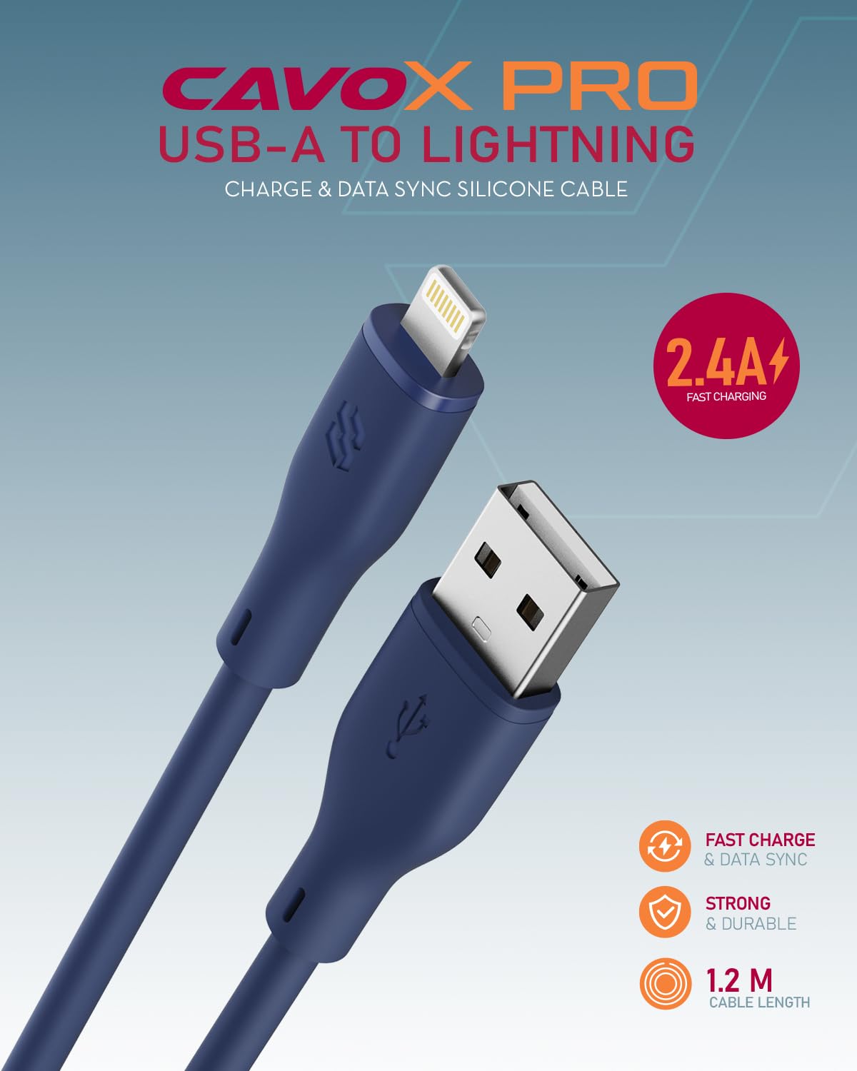 Moxedo CavoX Pro USB-A to Lightning Silicone Cable 2.4A Fast Charge and Data Sync 1.2m (Blue)