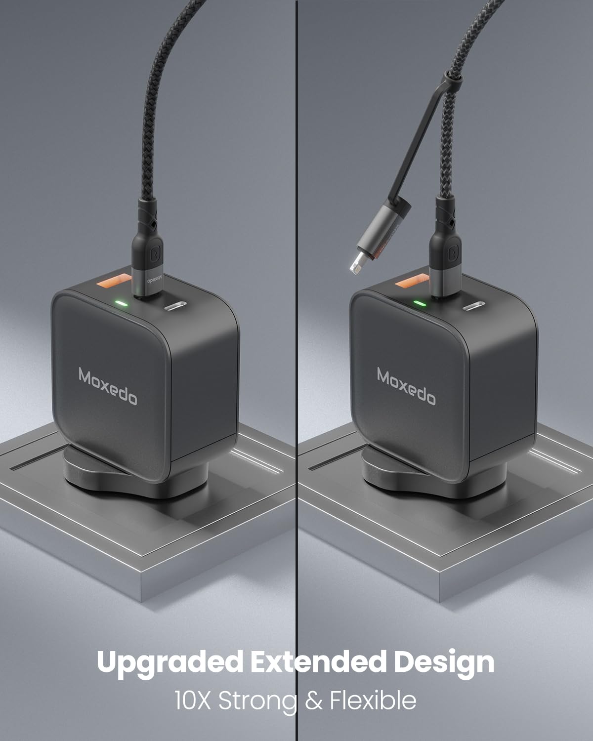 Moxedo 2 in 1 Charging Cable 60W Power Delivery Interchangeable USB-C to USB-C/L 1.2 Meters Braided Nylon Cable (Black)