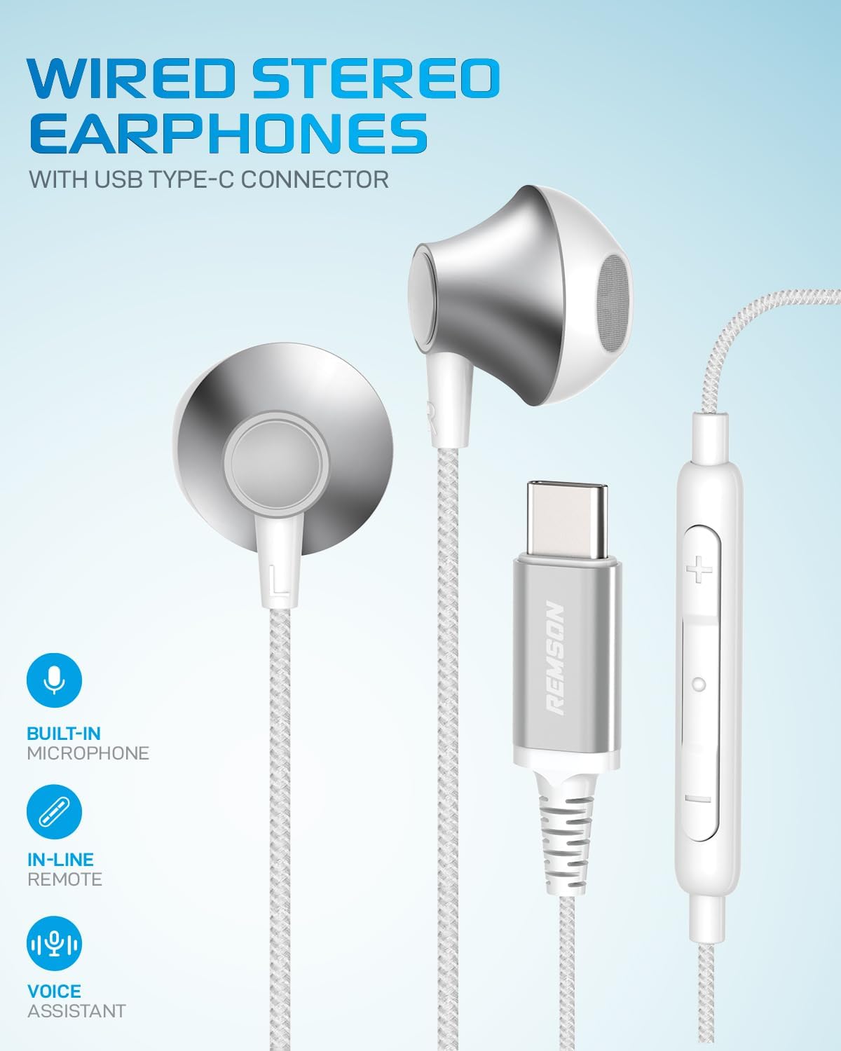 Remson Wired Stereo Earphones USB Type-C Connector Headphones Earphones Earbuds Hi-Fi In-Line Remote - White