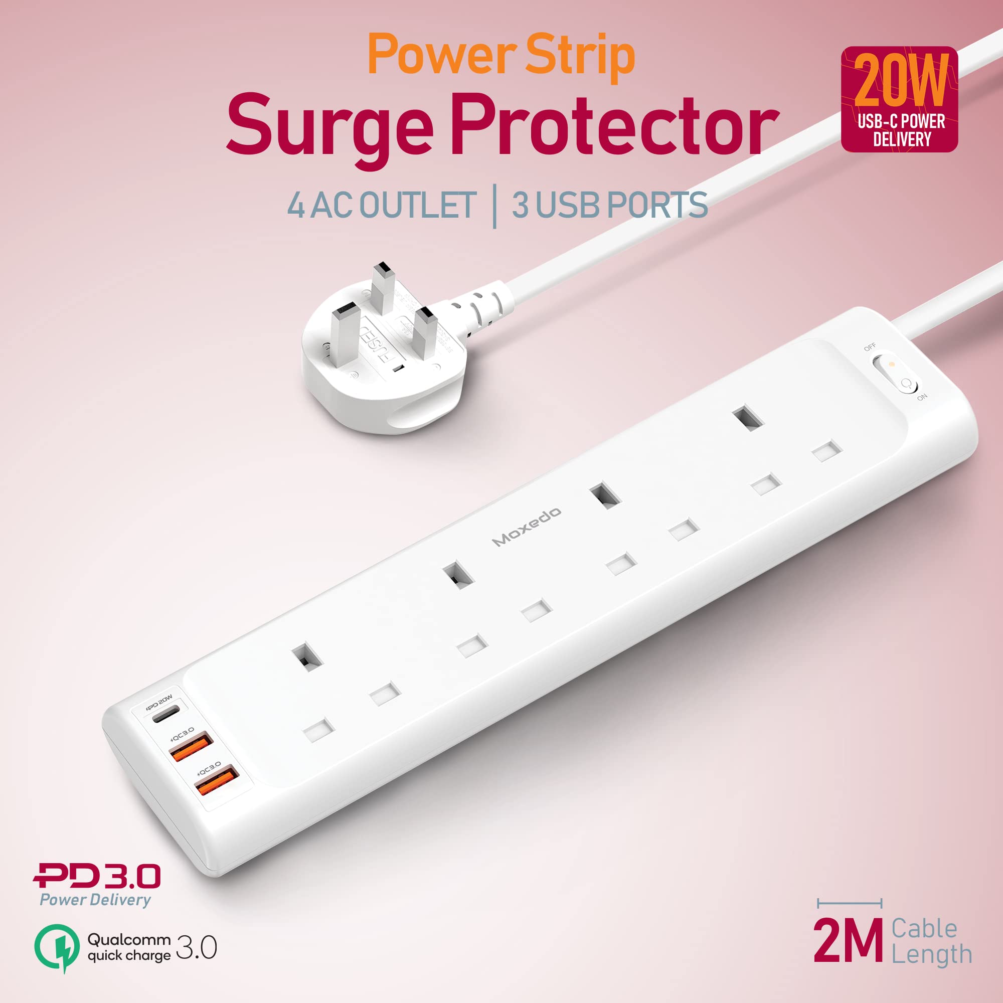 Moxedo 20W Power Strip Surge Protector 7 Way 1 USB-C PD Ports + 2 USB-A Ports + 4 AC Outlets with 2M Cable Length - White