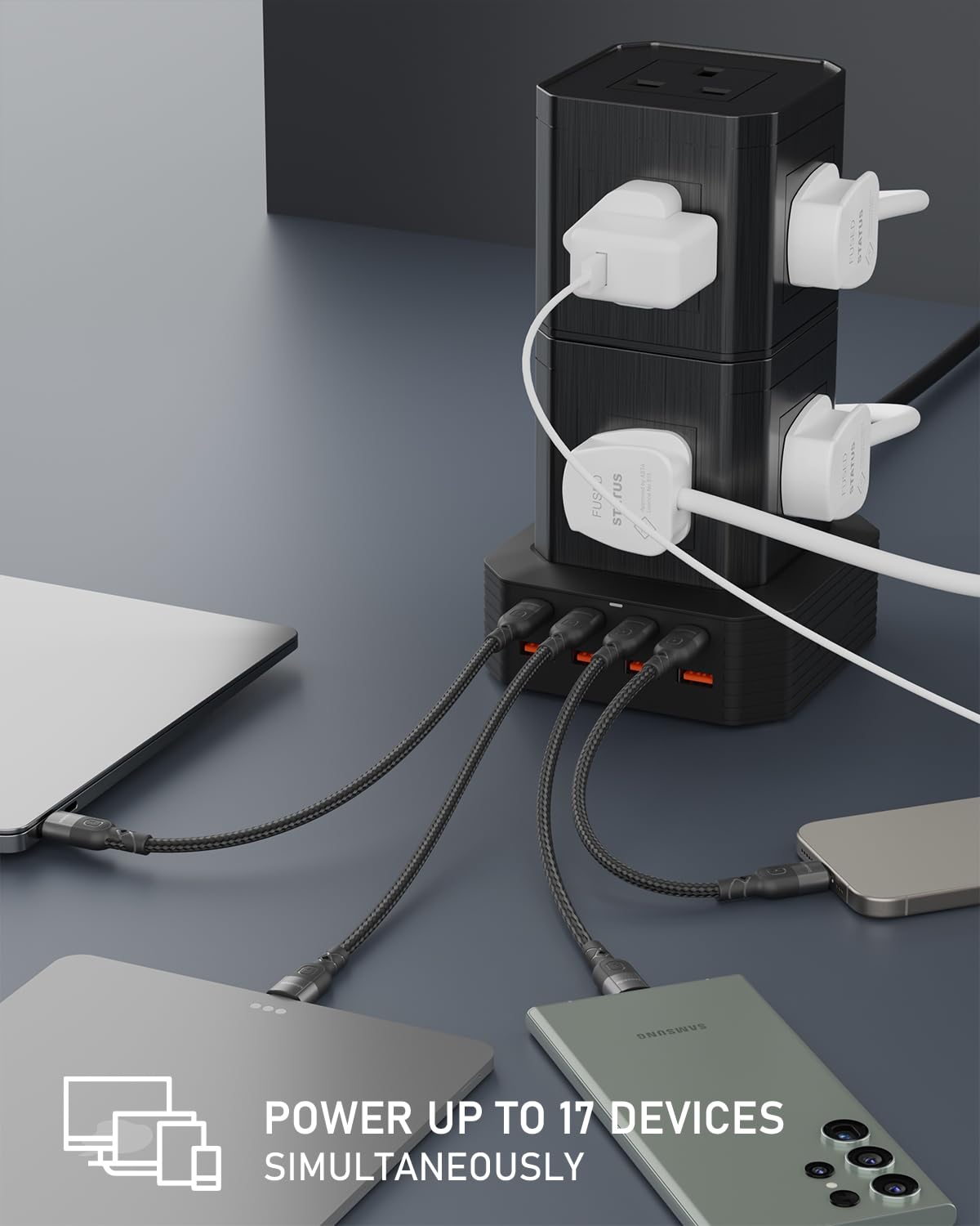 Moxedo Smart Hub Power Strip 17 in 1 9 AC Sockets + 4 USB-C Ports + 4 USB-A Ports 3250W GaN Tower Surge Extension Multi-Socket, 2 Layers Detachable Electric Charging Station with 2 Meters Power Cord