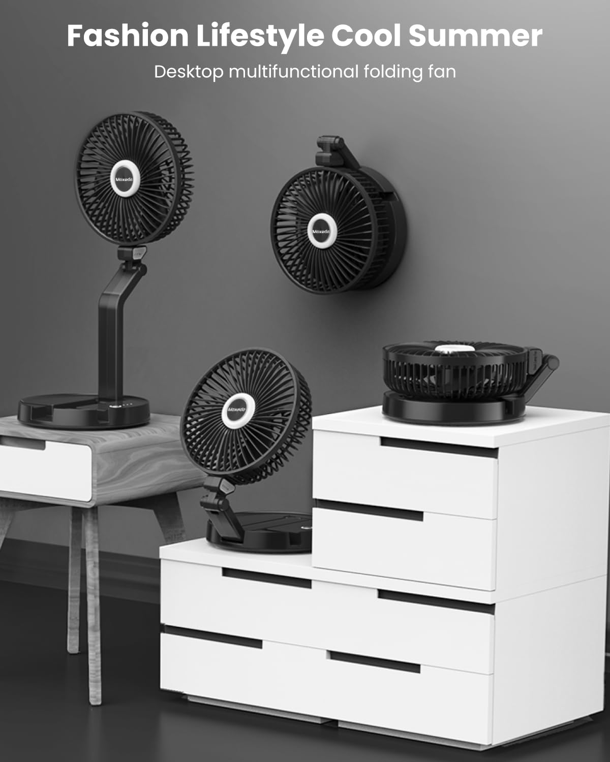 Moxedo Oscillating Fan Wall Mount Foldable Desk Stand Hanging, USB Rechargeable Battery Adjustable 3 Speeds with Built-in Phone Stand