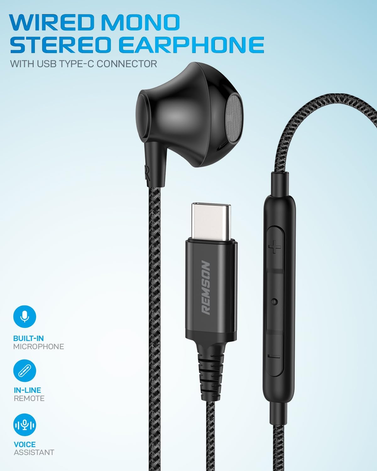 Remson Wired Mono Stereo Earphone USB Type-C Connector Headphone Earphone Earbud Hi-Fi In-Line Remote - Black