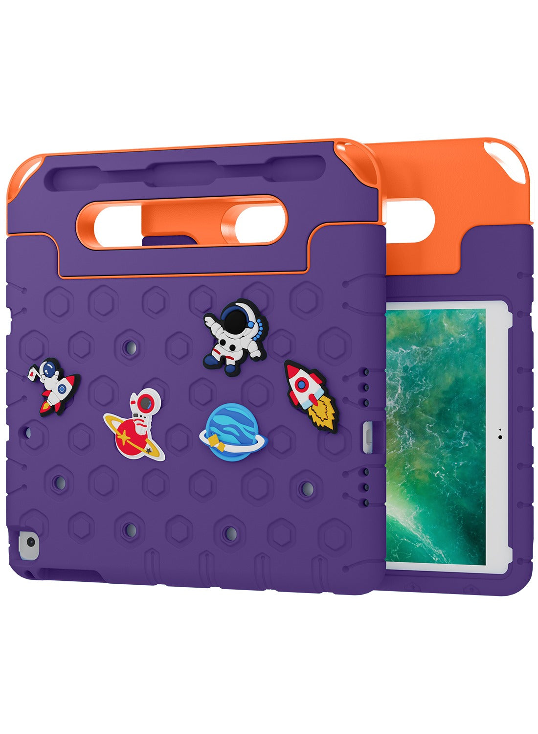 Moxedo Rugged Protective EVA Silicone Kids Case Cover, Shockproof DIY 3D Cartoon Pattern with Pencil Holder, Stand and Handle Grip for Apple iPad 9.7 inch - Purple