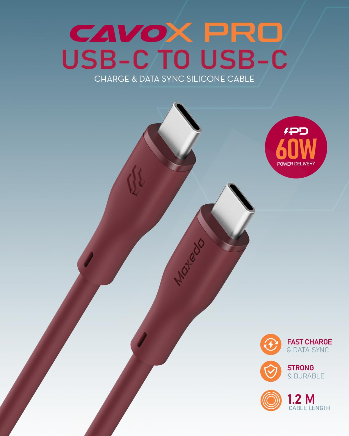 Moxedo CavoX Pro USB-C to USB-C Silicone Cable 60W PD Fast Charge and Data Sync 1.2m (Maroon)