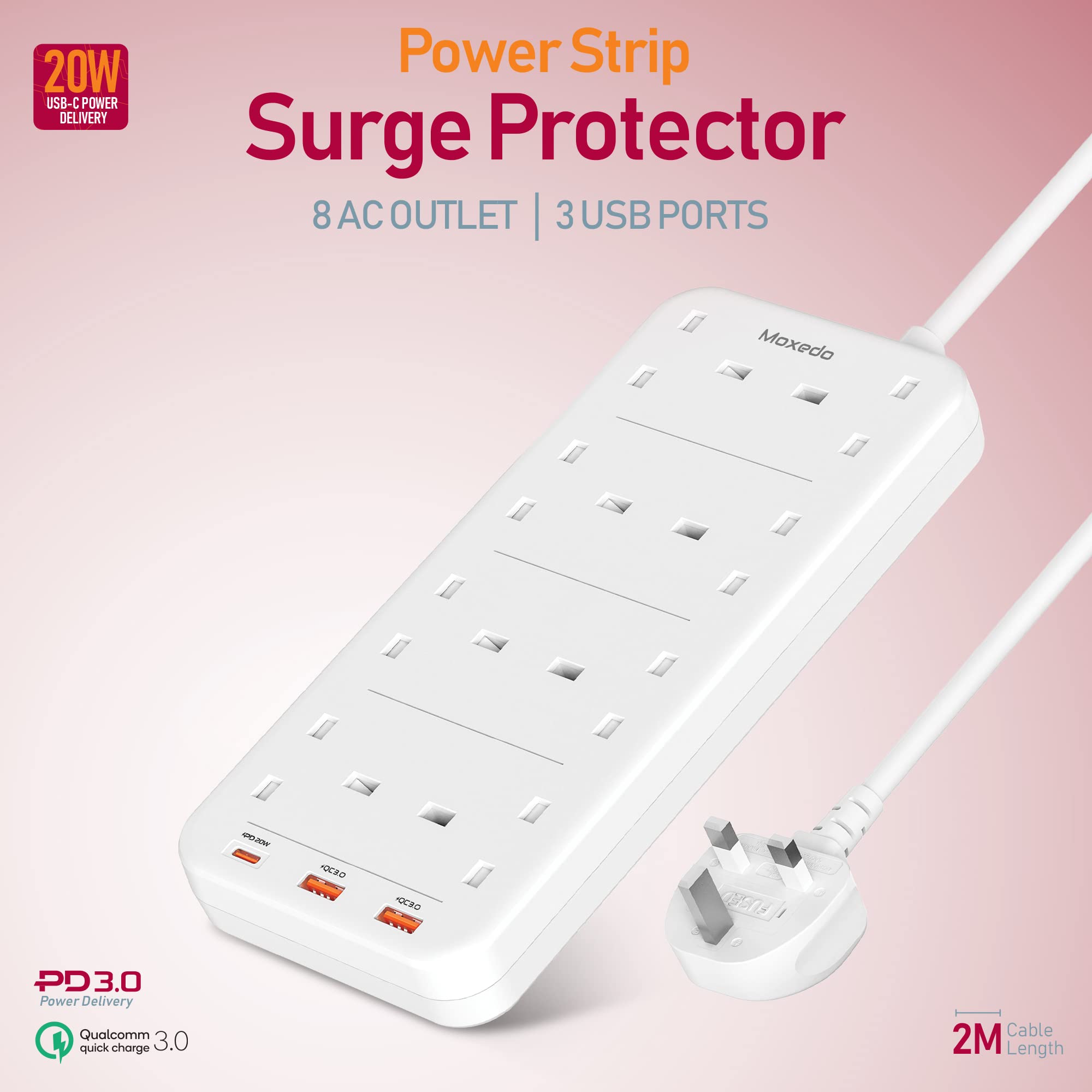 Moxedo 20W Power Strip Surge Protector 11 Way 1 USB-C PD Ports + 2 USB-A Ports + 8 AC Outlets with 2M Cable Length