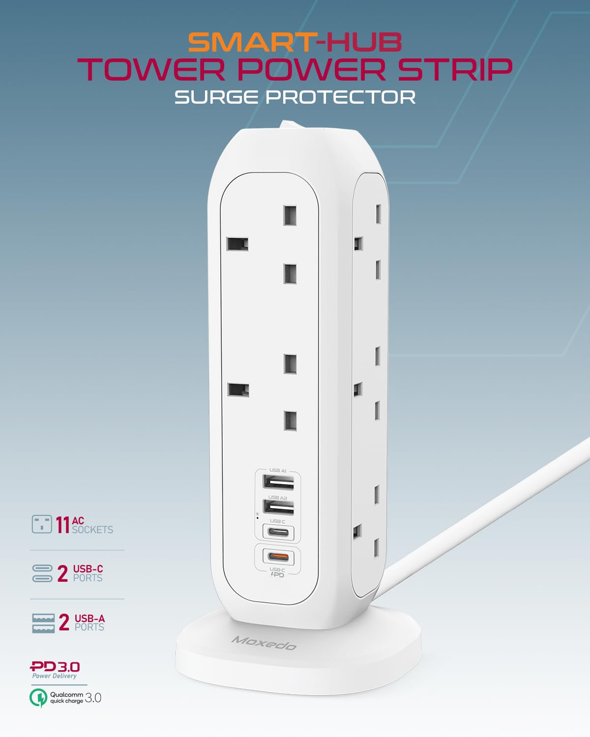 Moxedo Smart-Hub Tower Power Strip Surge Protector 15 in 1 Electric Outlet Power Extension, 11 AC Sockets + 2 USB-C + 2 USB-A Ports 20W PD 3.0 3250W with 2 Meters Cable Length - White