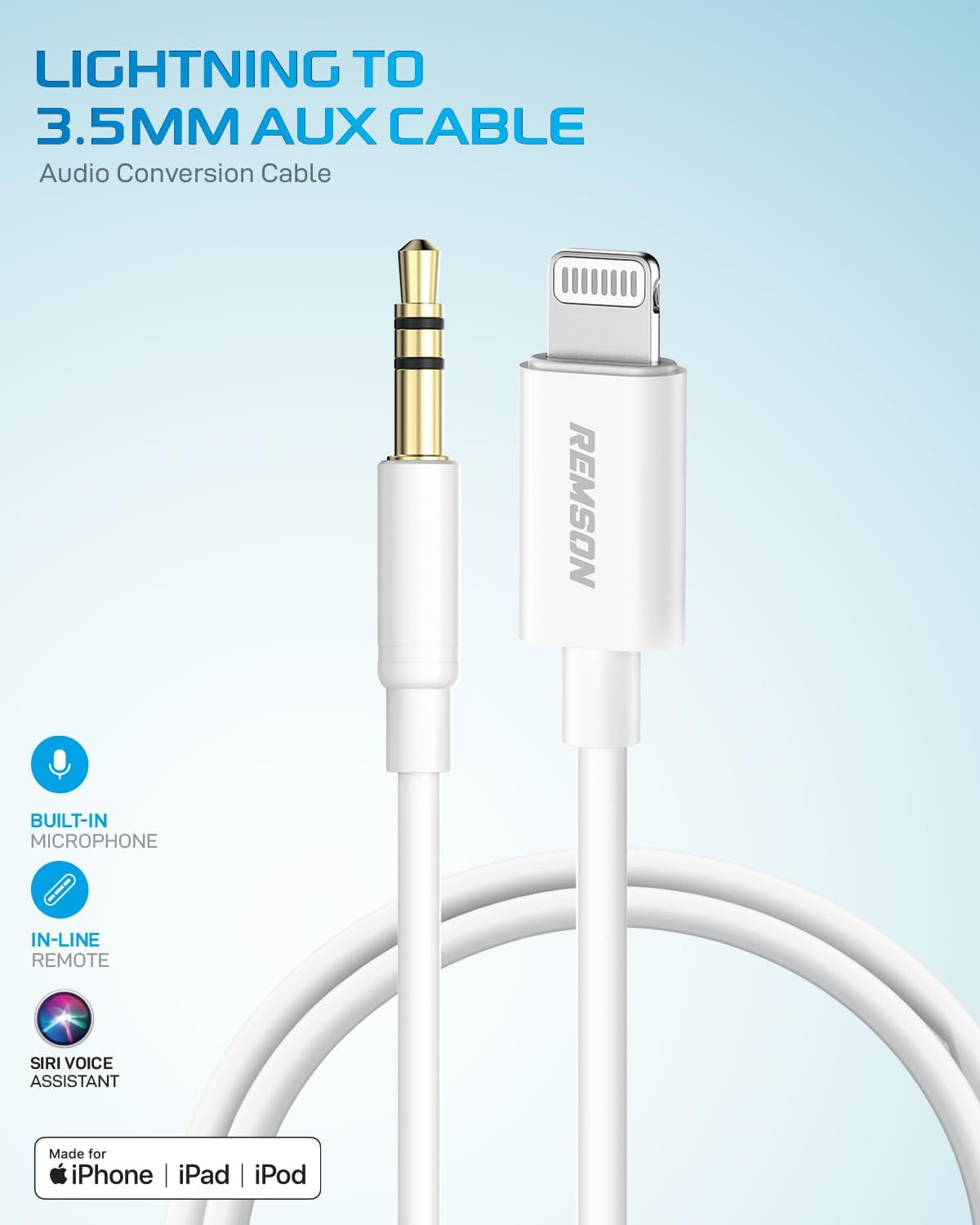 [Apple MFi Certified] Remson Lightning to 3.5 mm AUX Cable 1.2M Audio Conversion Cable Car Stereo Speaker Headphone Jack Adapter Audio Cable - White