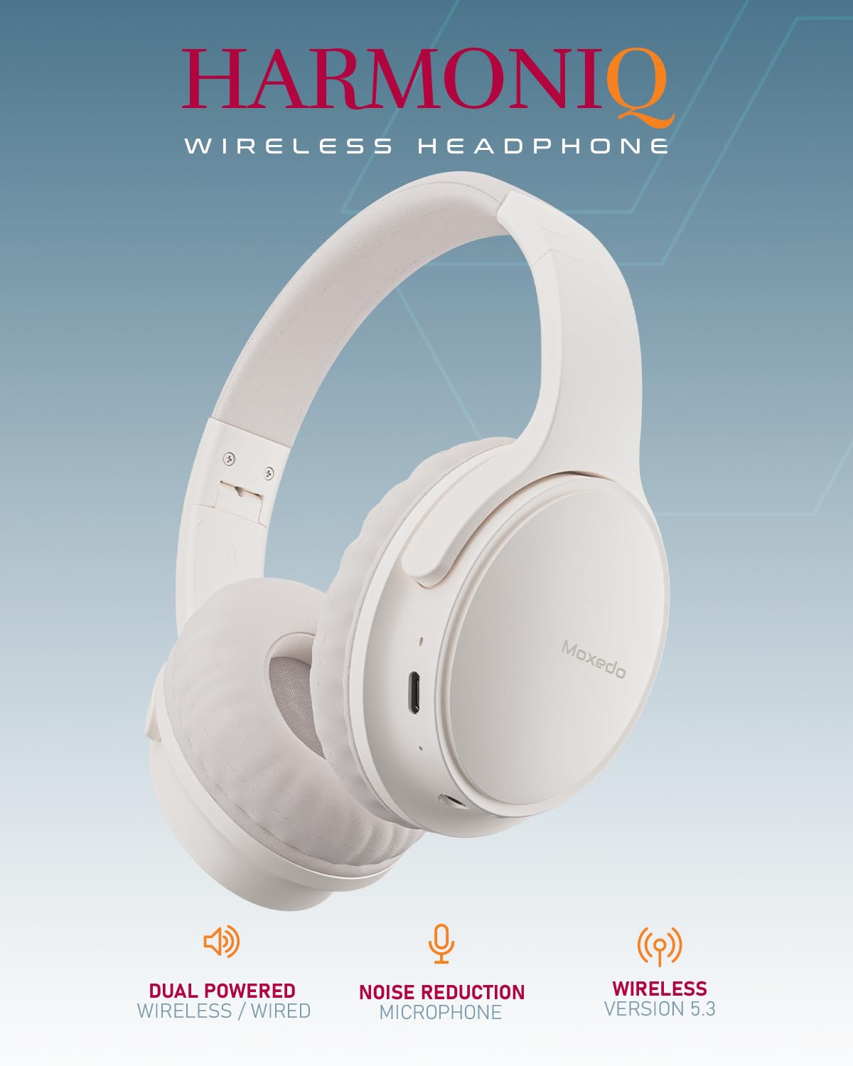 Moxedo Harmoniq Wireless Headphone Dual Powered Bluetooth Version 5.3 - (Off-White)