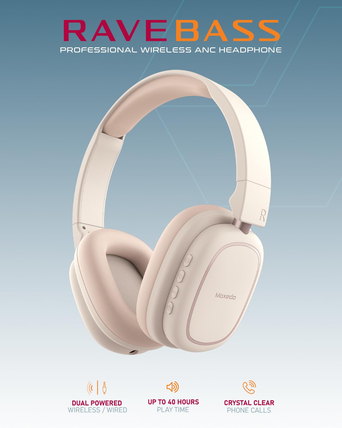 Moxedo Rave Bass Wireless ANC Headphone 42dB Active Noise Cancelling Over-Ear Headphone Dual Powered - Beige