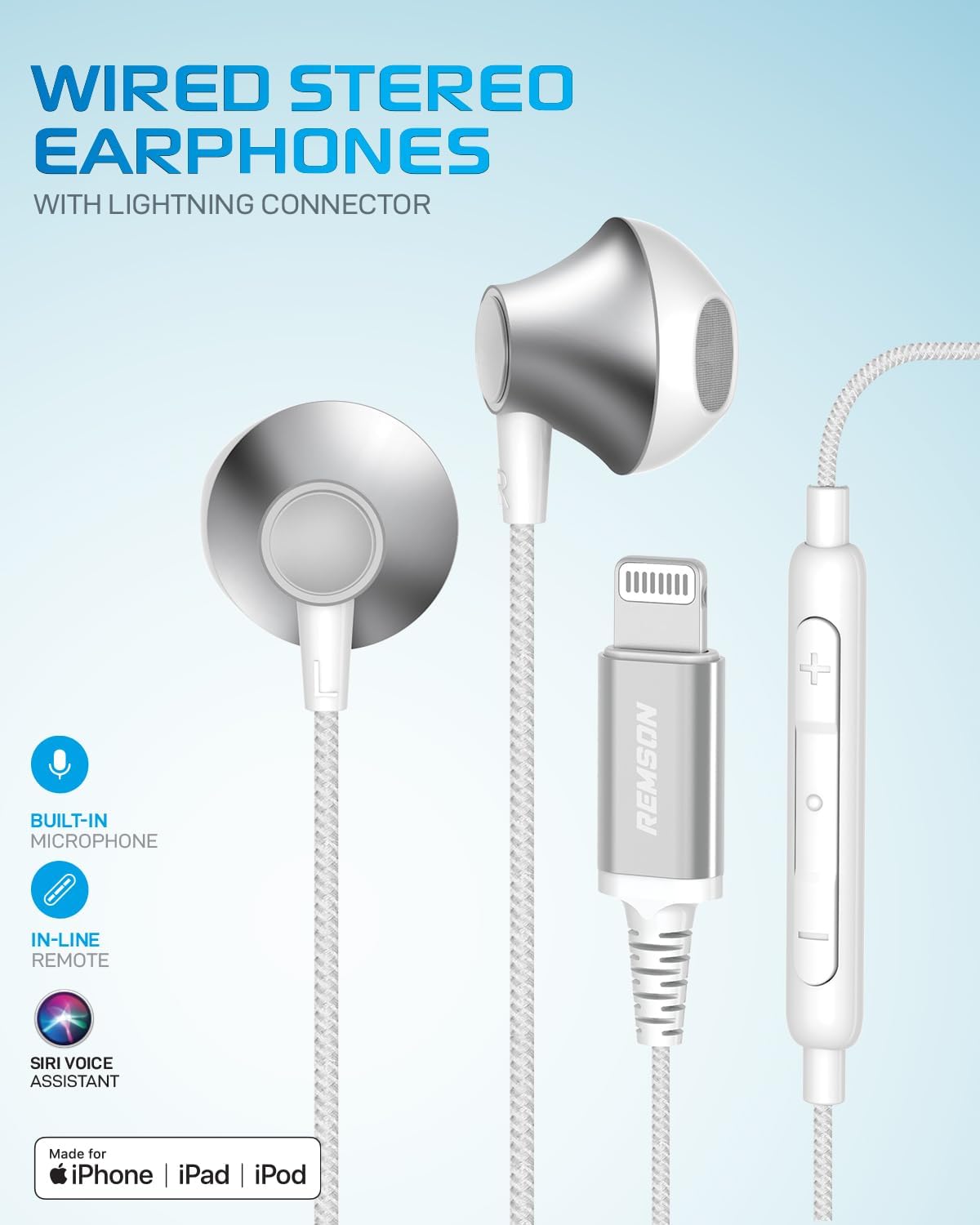 [Apple MFi Certified] Remson Wired Mono Stereo Earphone MFi Lightning Connector Headphone/Earphone/Earbud Hi-Fi with In-Line Remote - White
