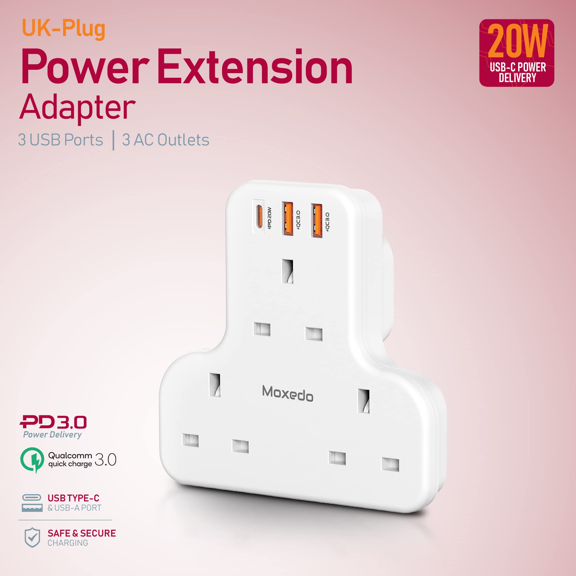 Moxedo 6 in 1 UK-Plug Power Extension Adapter with 2 USB-A Ports and 20W USB TYPE-C PD 3.0, 3 Way Electrical Extender Outlet