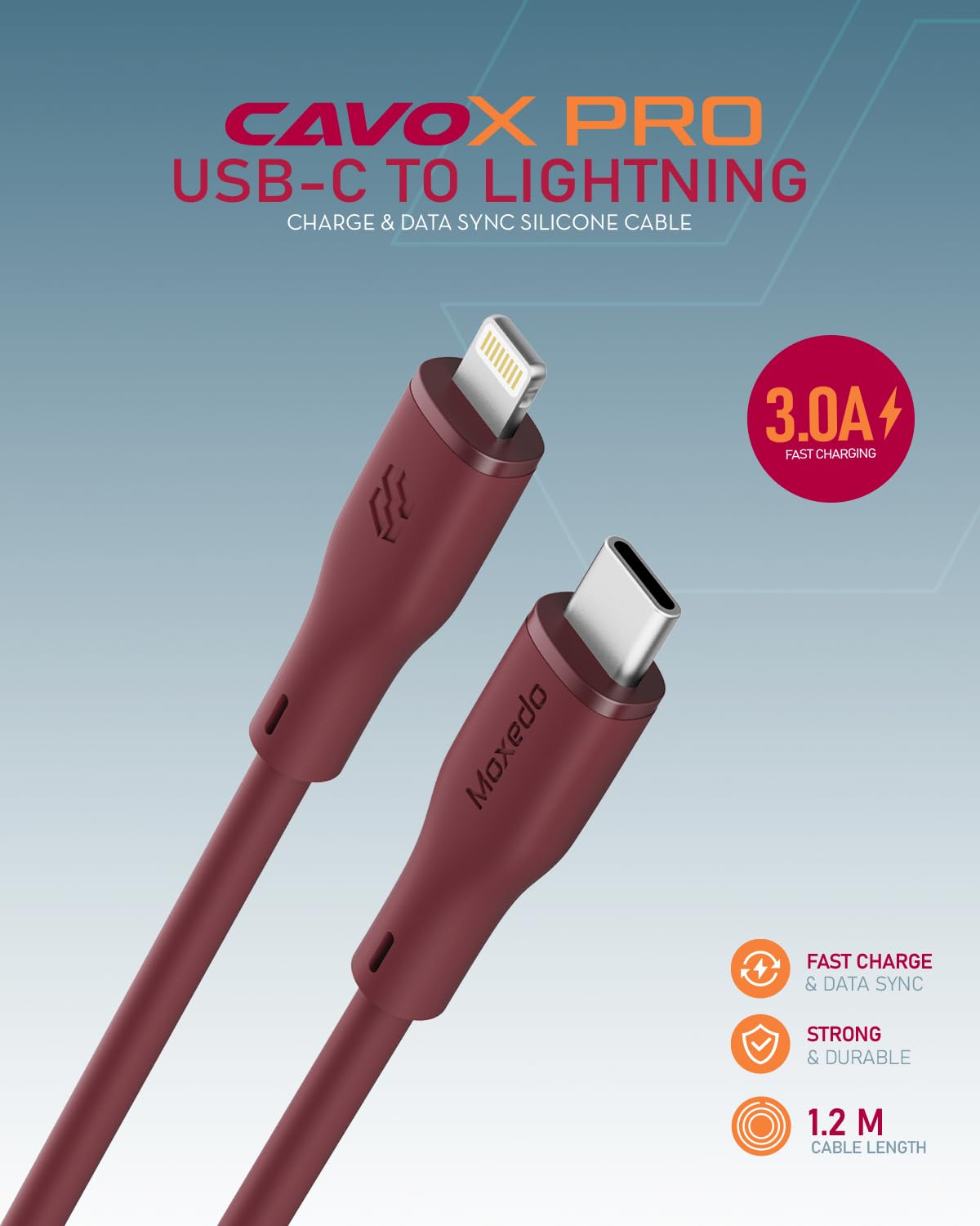 Moxedo CavoX Pro USB-C to Lightning Silicone Cable 27W PD Fast Charge and Data Sync 1.2m (Maroon)