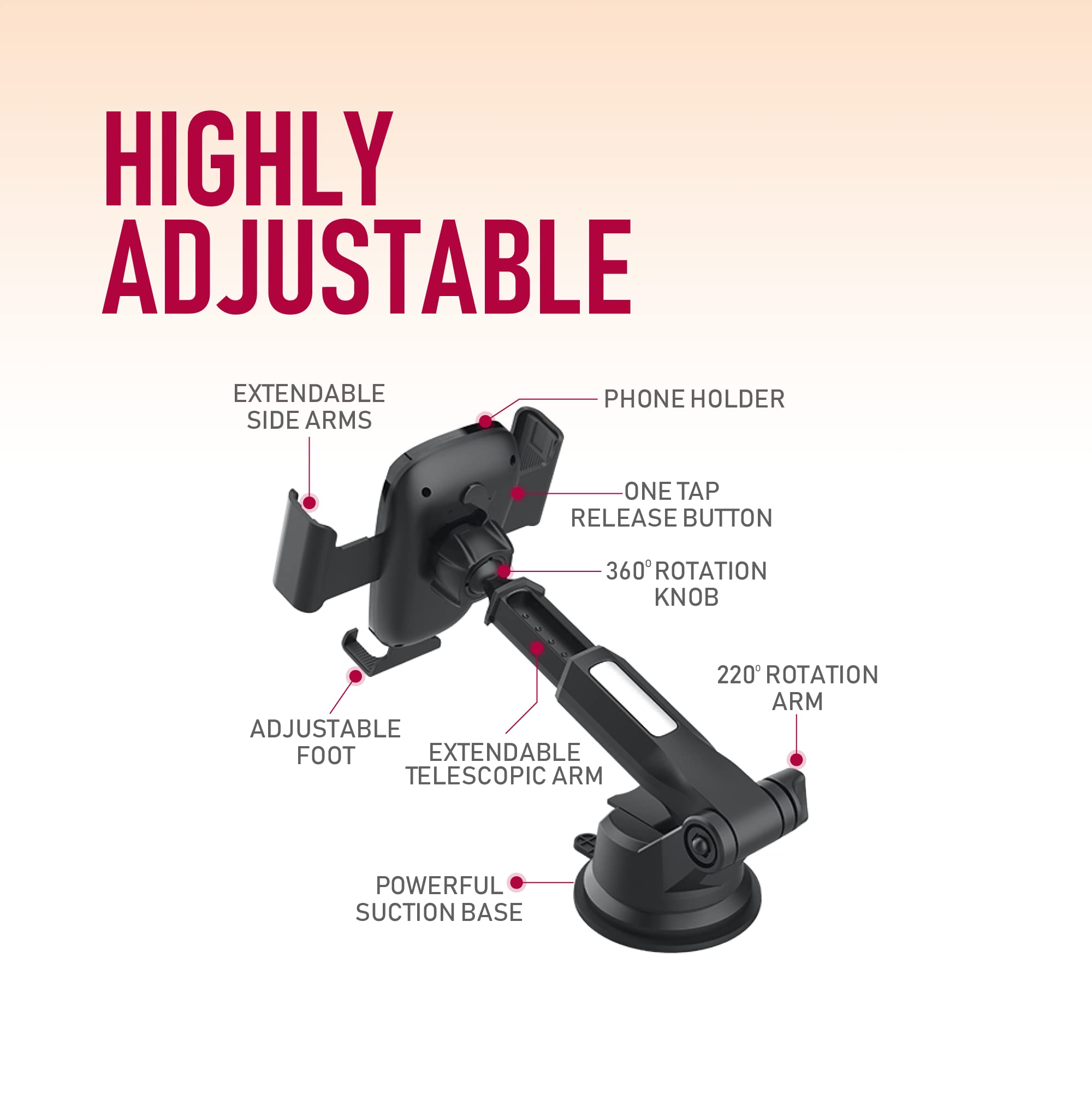 Moxedo Car Mount Phone Holder Windshield/Dashboard, Adjustable Telescopic Arm, Rotation Suction Cup