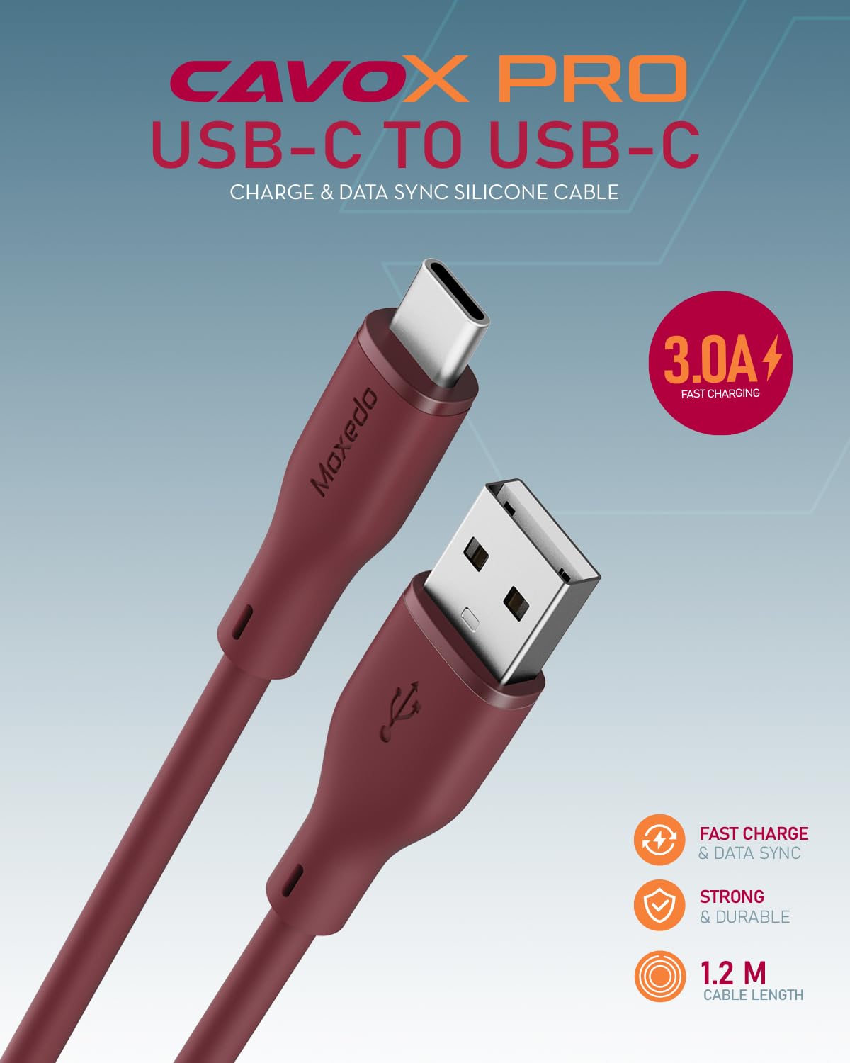 Moxedo CavoX Pro USB-A to USB-C Silicone Cable 3.0A Fast Charge and Data Sync 1.2m (Maroon)