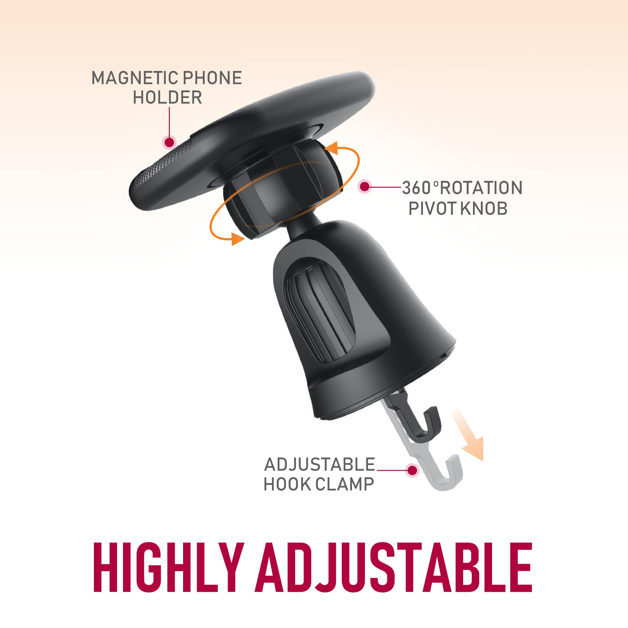 Moxedo Magnetic Car Phone Holder, Air Vent Adjustable Hook Clamp - Black