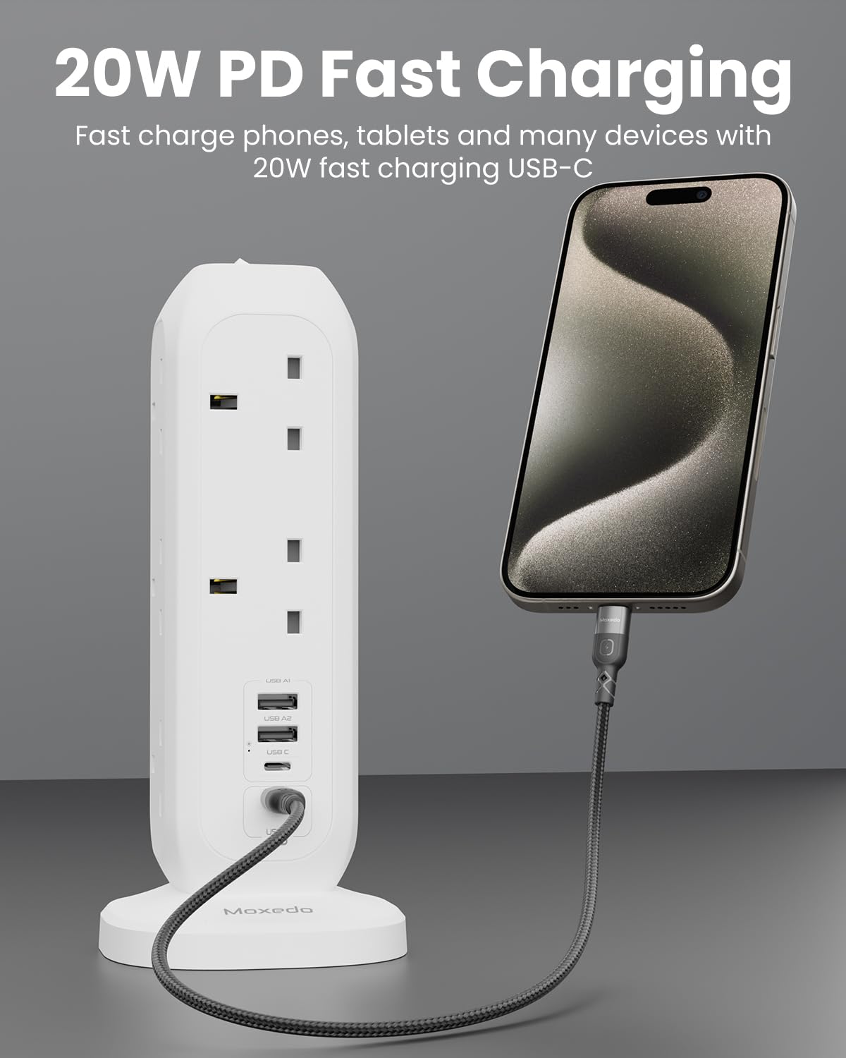 Moxedo Smart-Hub Tower Power Strip Surge Protector 15 in 1 Electric Outlet Power Extension, 11 AC Sockets + 2 USB-C + 2 USB-A Ports 20W PD 3.0 3250W with 2 Meters Cable Length - White