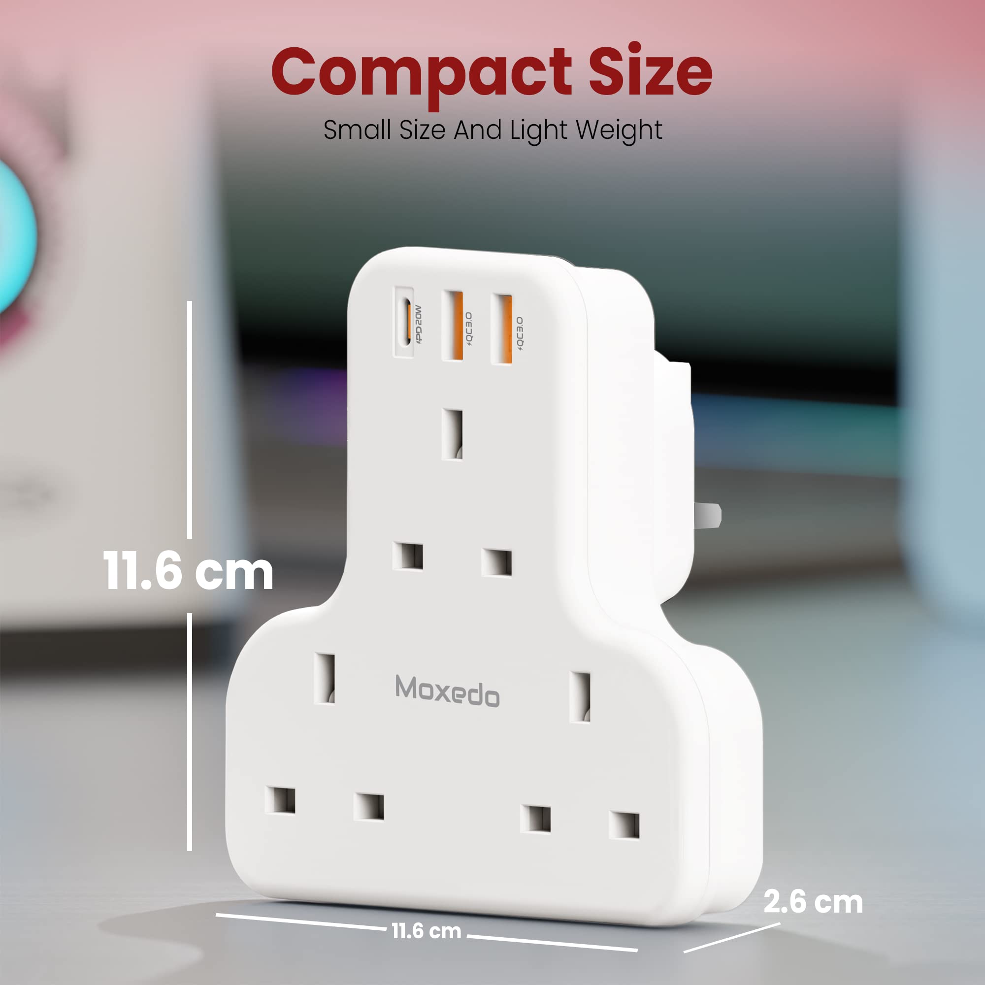 Moxedo 6 in 1 UK-Plug Power Extension Adapter with 2 USB-A Ports and 20W USB TYPE-C PD 3.0, 3 Way Electrical Extender Outlet