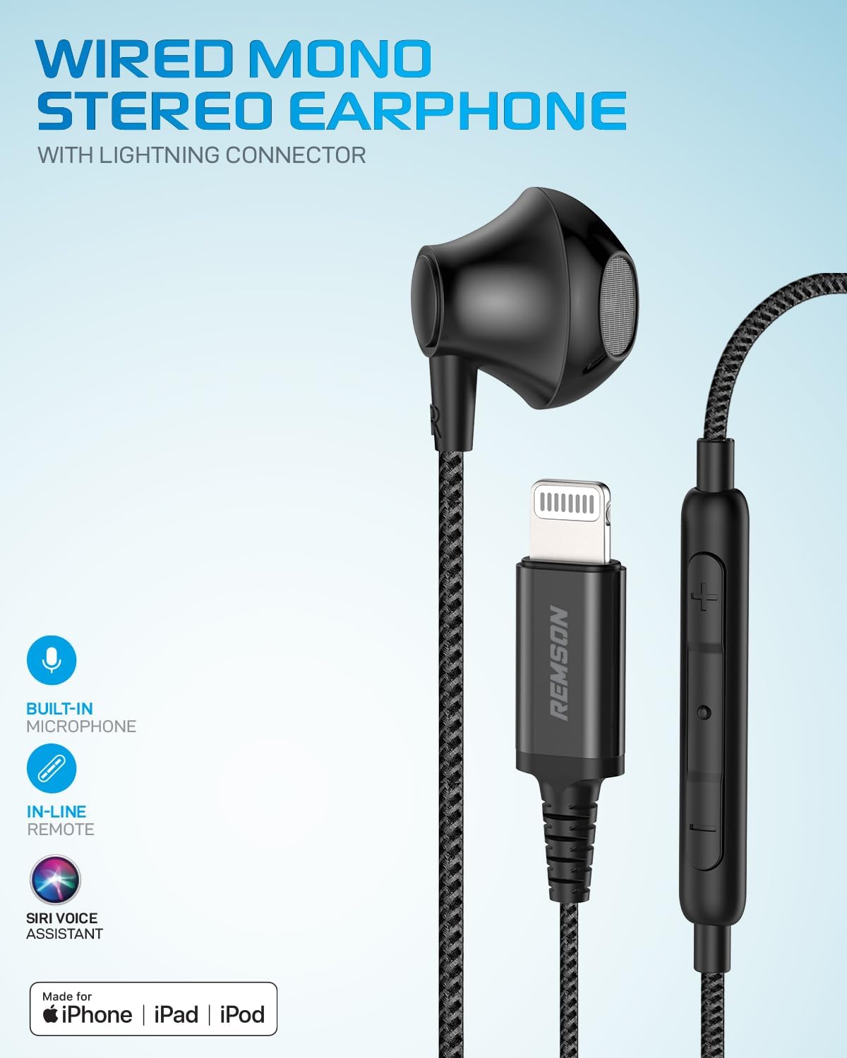 [Apple MFi Certified] Remson Wired Mono Stereo Earphone MFi Lightning Connector Headphone/Earphone/Earbud Hi-Fi with In-Line Remote - Black