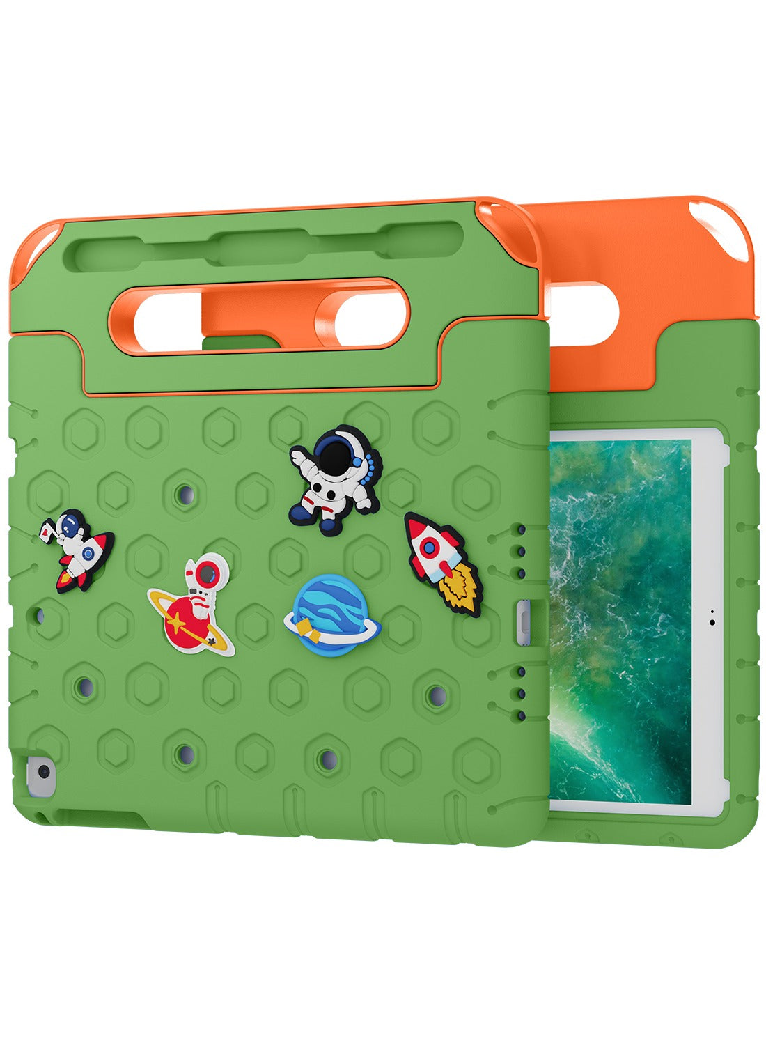 Moxedo Rugged Protective EVA Silicone Kids Case Cover, Shockproof DIY 3D Cartoon Pattern with Pencil Holder, Stand and Handle Grip for Apple iPad 9.7 inch - Green