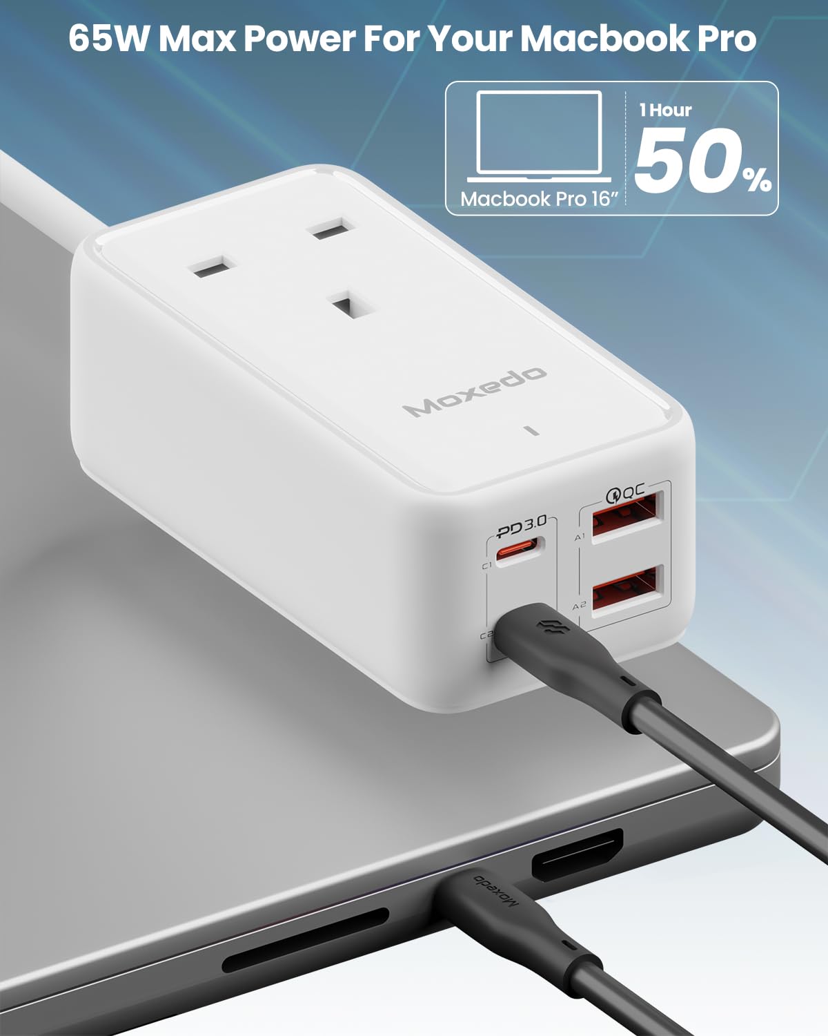 Moxedo Smart-Plug 65W GaN III Tech Extension Cord 5 in 1 Power Delivery 3.0, 1 AC Outlet + 2 USB-A + 2 USB-C Ports with 2 Meters Cable Length - White