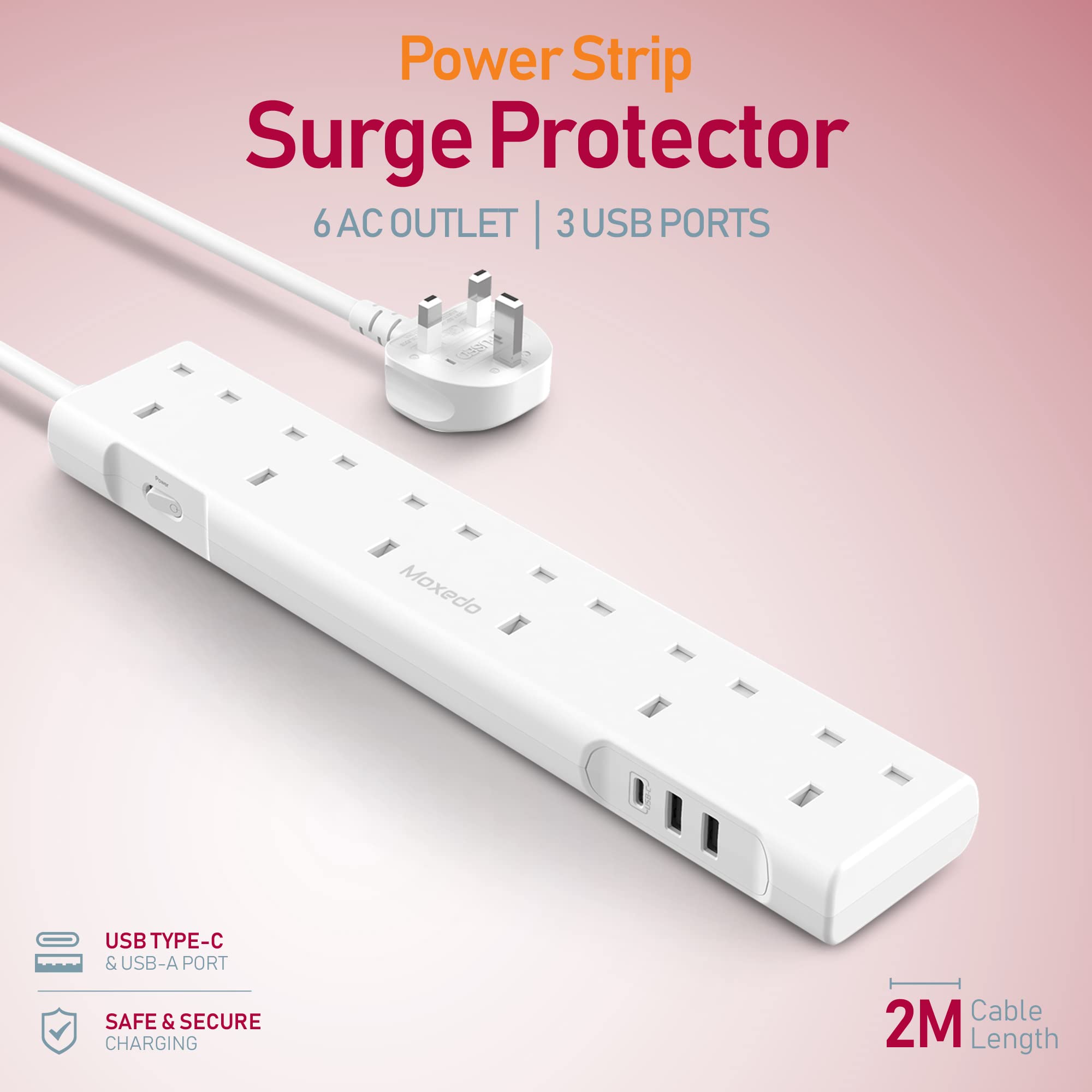 Moxedo 3250W Power Strip Surge Protector 9 Way 1 USB-C PD Ports + 2 USB-A Ports + 6 AC Outlets with 2M Cable Length - White