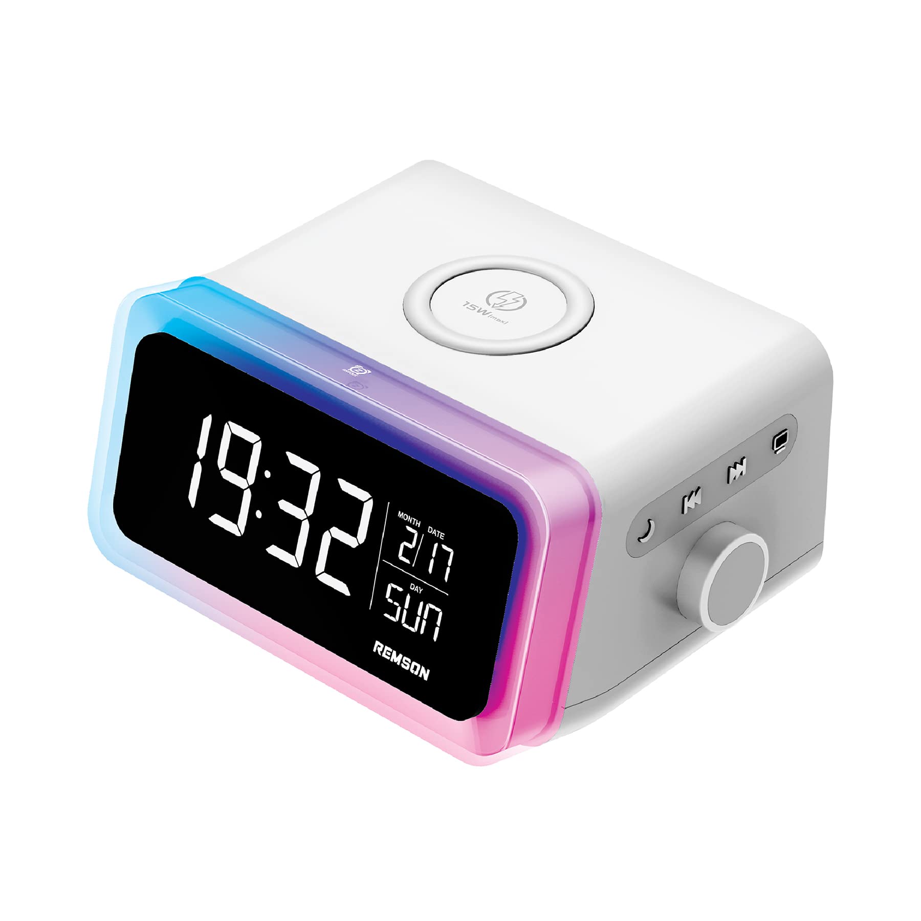 Remson Omni 15W Digital LED RGB Alarm Clock with Wireless Charger and Speaker – White