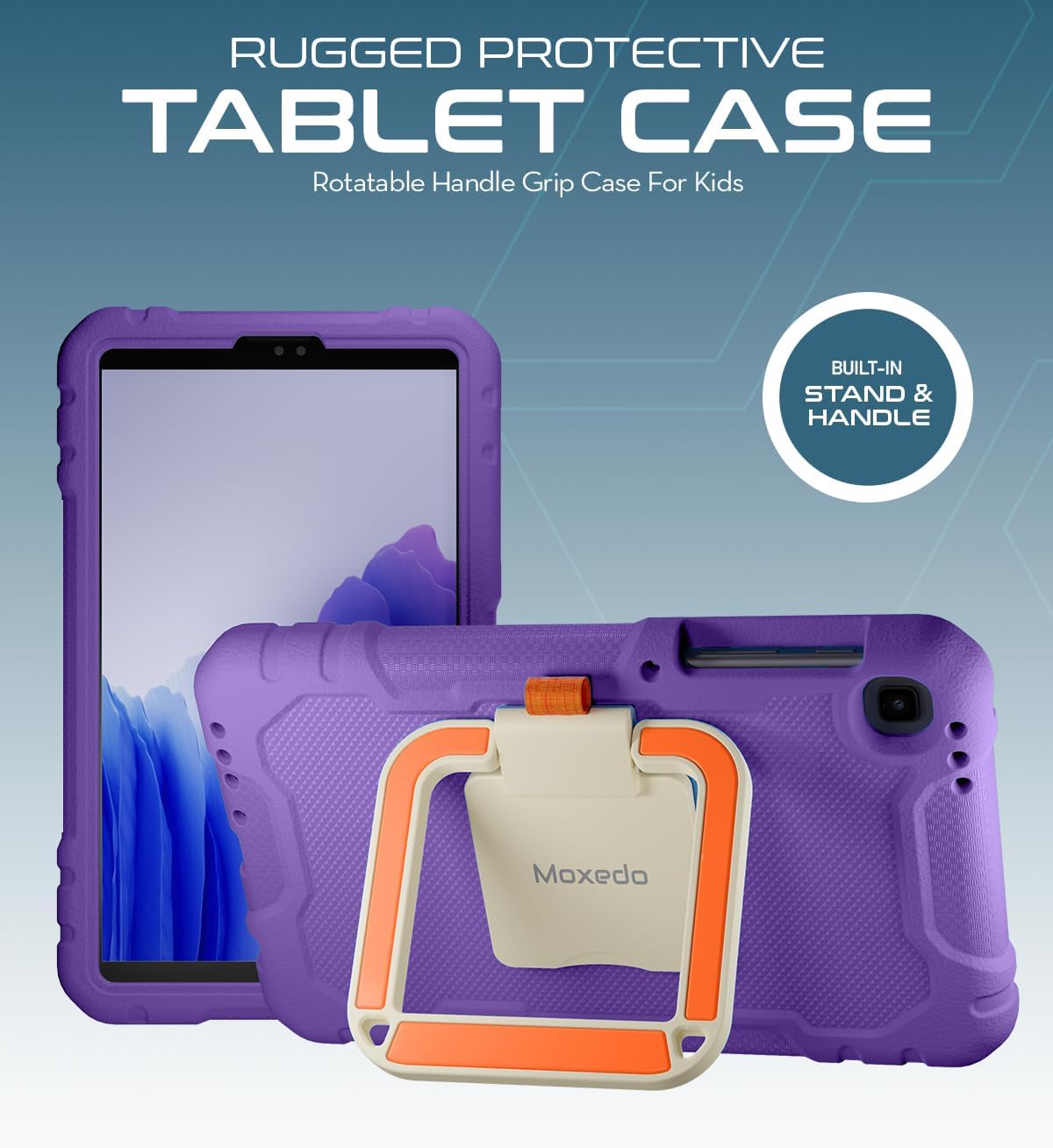 Moxedo Rugged Protective EVA Foam Silicone Kids Case Cover, Shockproof Foldable 360 Rotatable Stand Handle Grip with Pencil Holder for Galaxy Tab A7 Lite 8.7-inch (Purple)