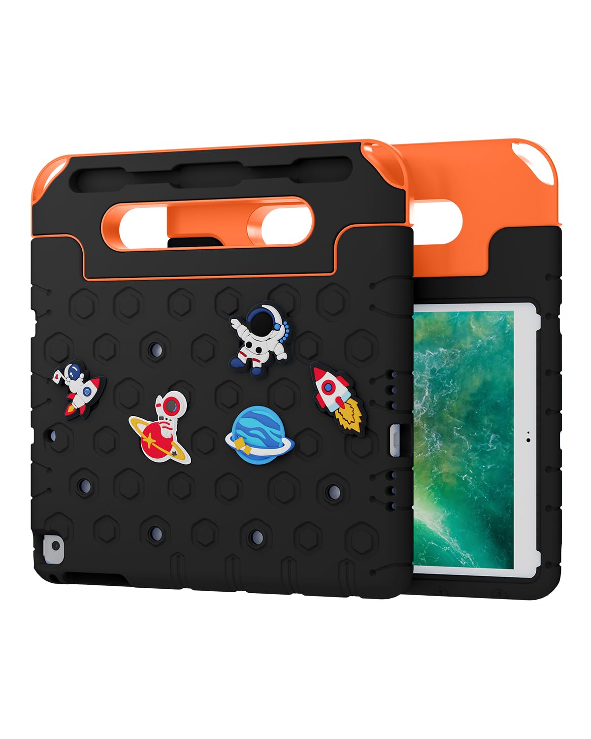Moxedo Rugged Protective EVA Silicone Kids Case Cover, Shockproof DIY 3D Cartoon Pattern with Pencil Holder, Stand and Handle Grip for Apple iPad 9.7 inch